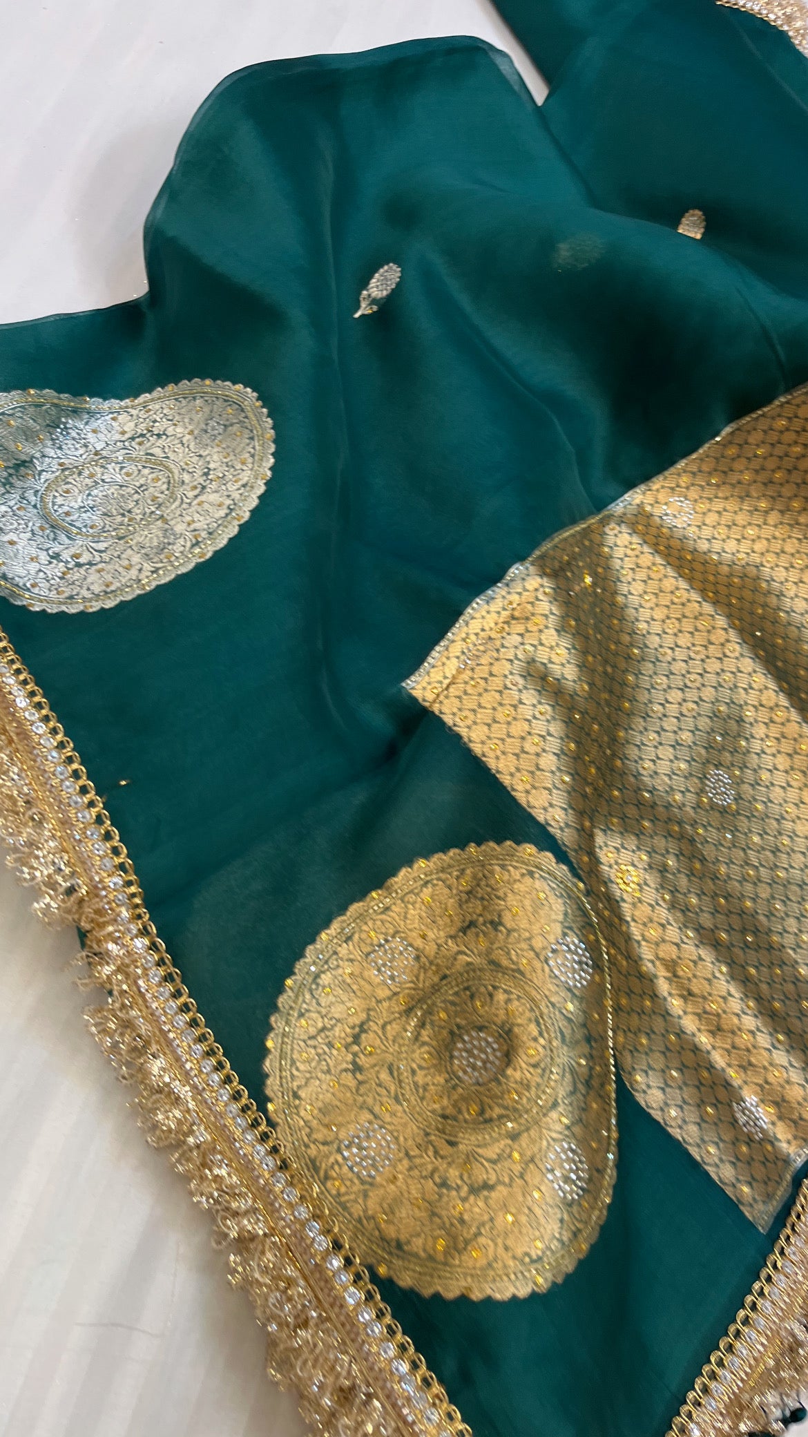 Bottle green sitara stonework kora silk saree