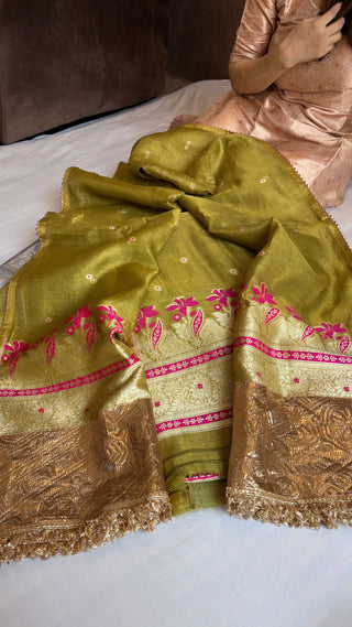 Mehendi green linen tissue silk suit set