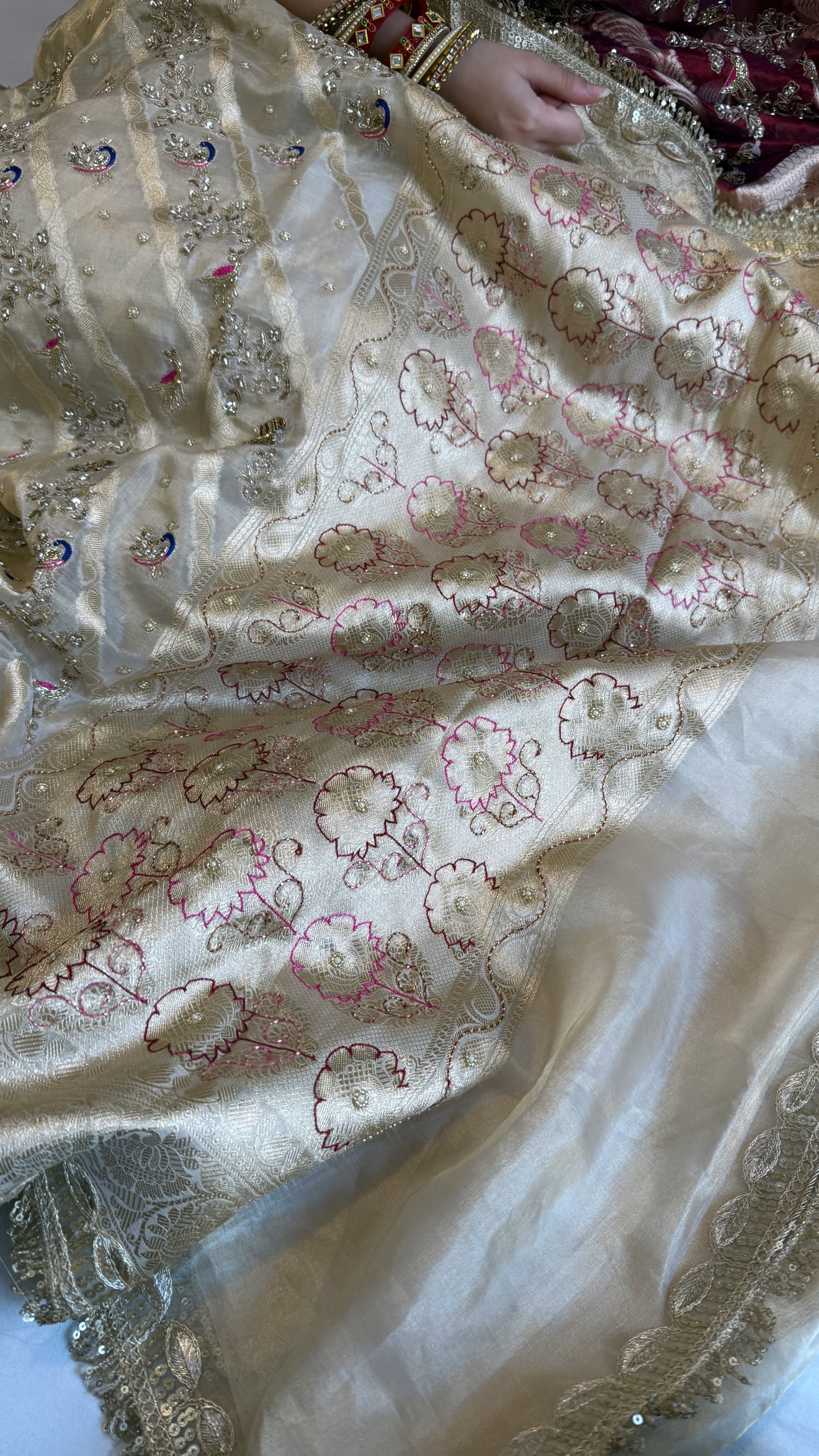 Nayi suhagan edit - Ivory gold tissue silk jungla shikargah marodi and zardozi hand embroidered jaal work saree