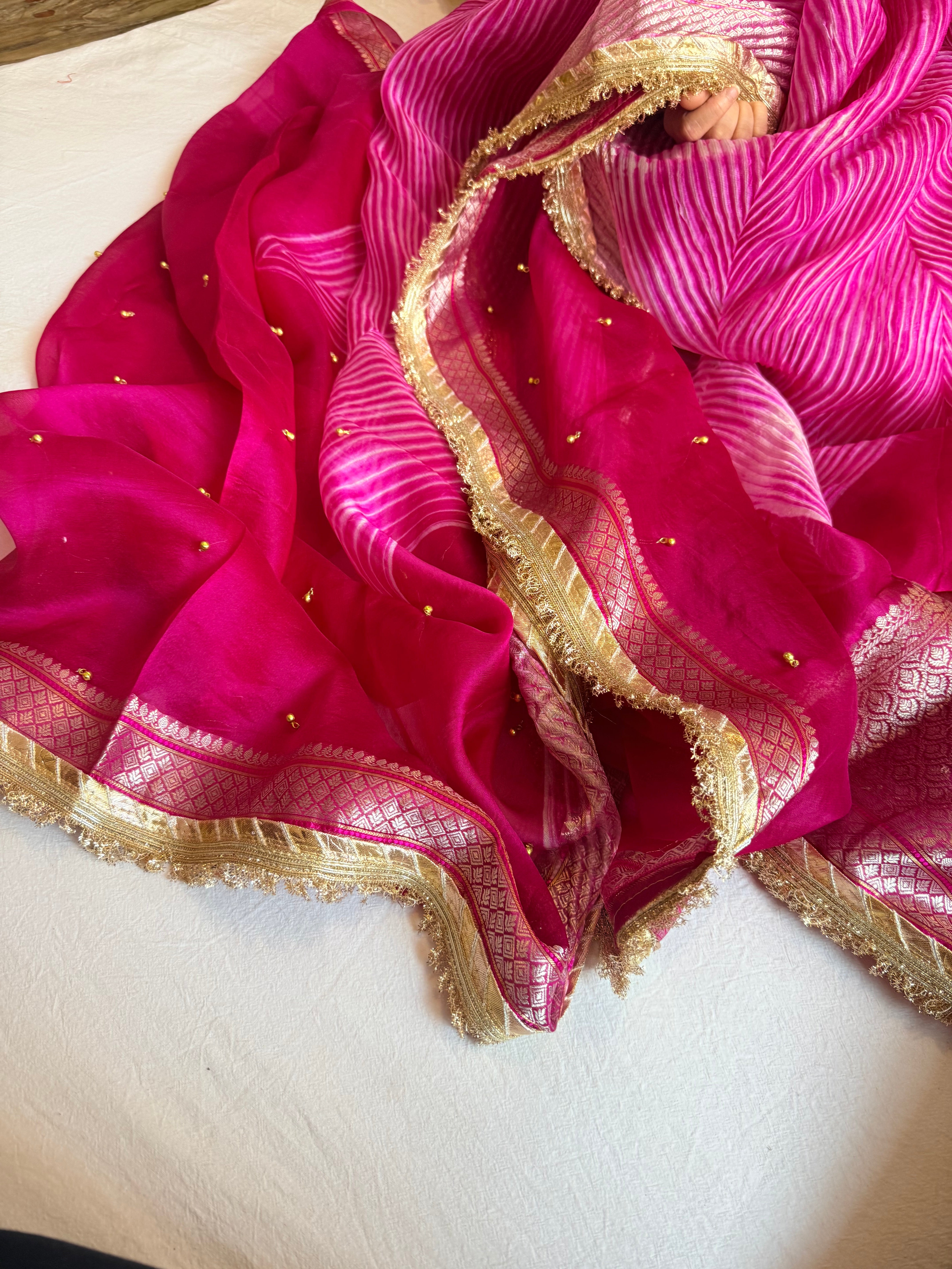Arshi dye ghungro work kora silk banarasi kadhwa weaving saree