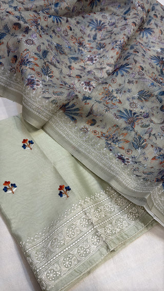 Sage green mul cotton resham hand embroidered kadhwa suit set