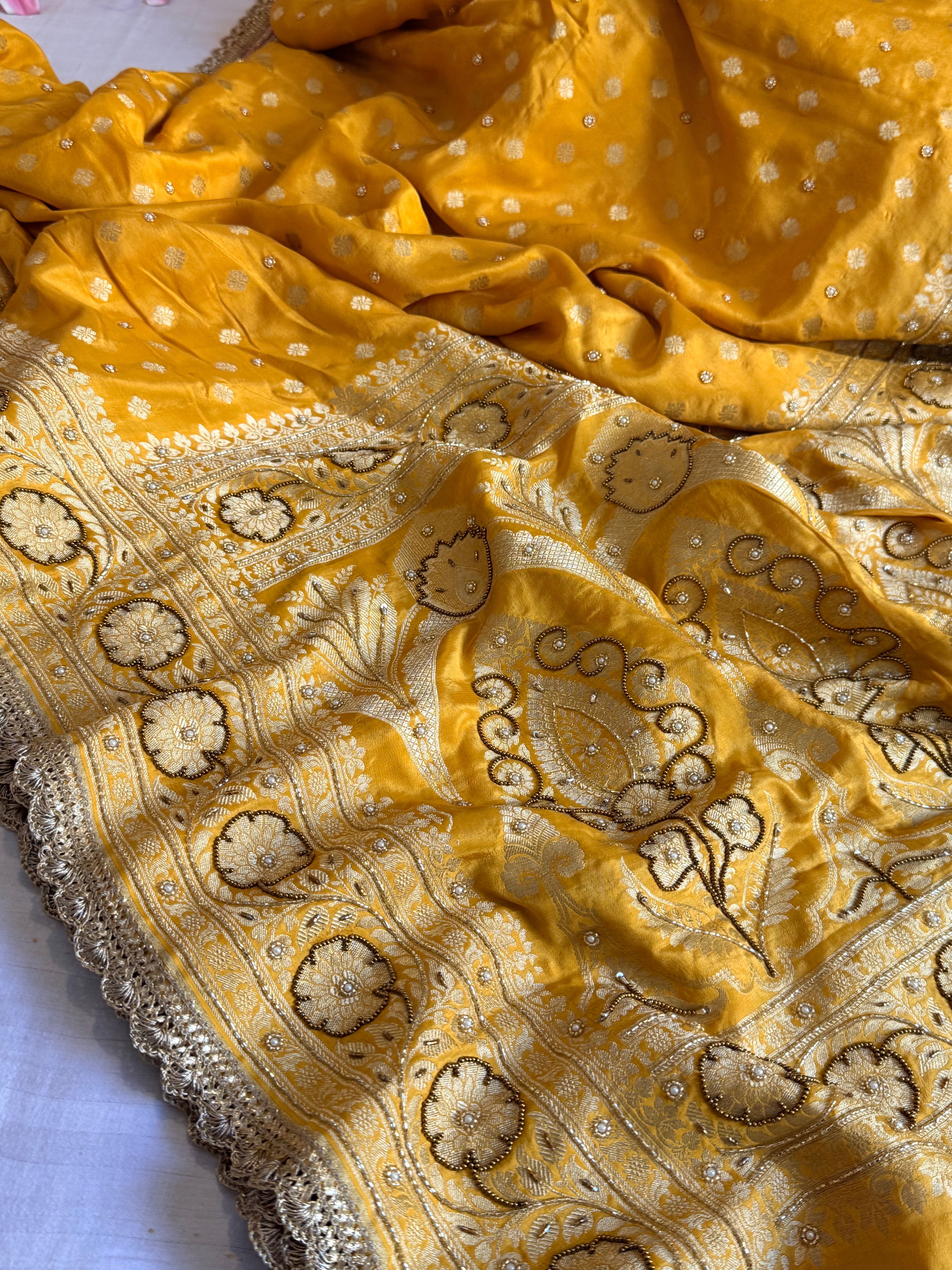 Banarasi haldi yellow chiffon gorgette kadhwa buti hand embroidered saree