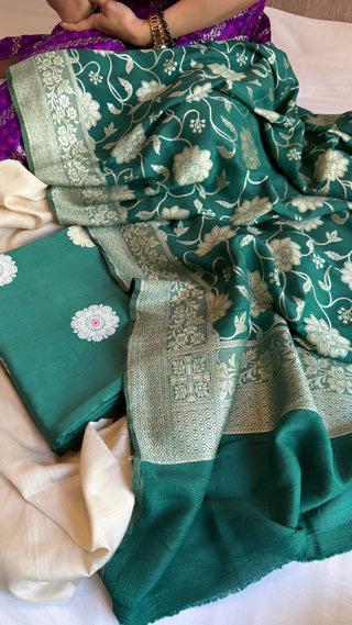 Bottle green moonga silk jaal duppata and chiniya silk meenakari kurta suit set