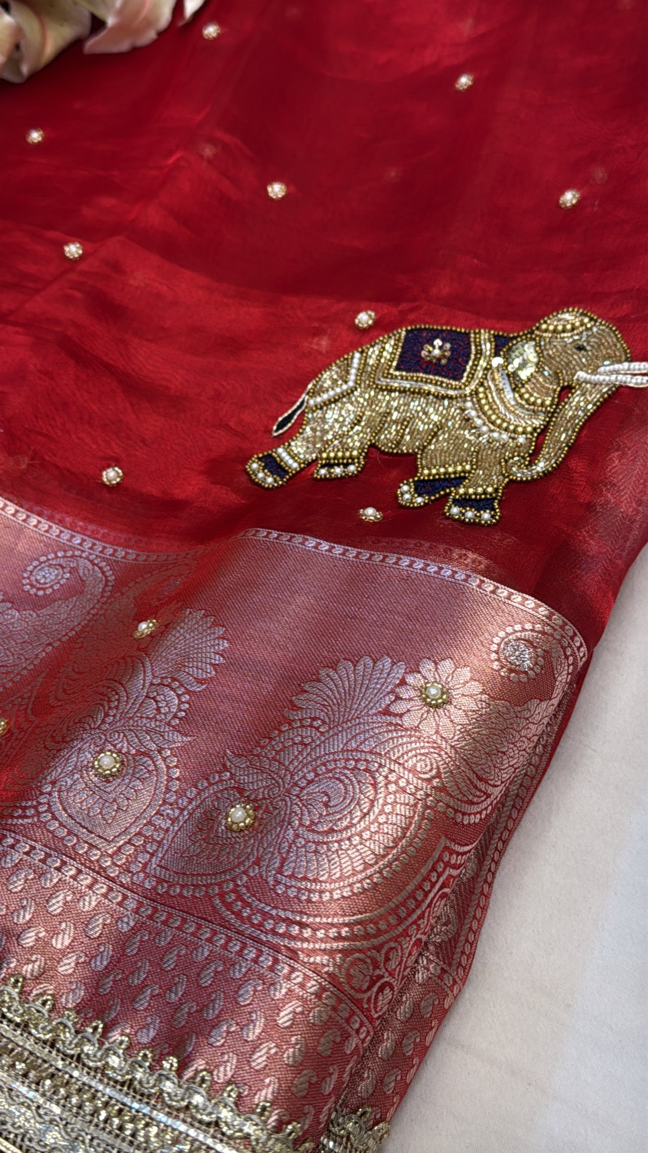 Bridal red husn tissue silk elephant motif hand embroidered saree