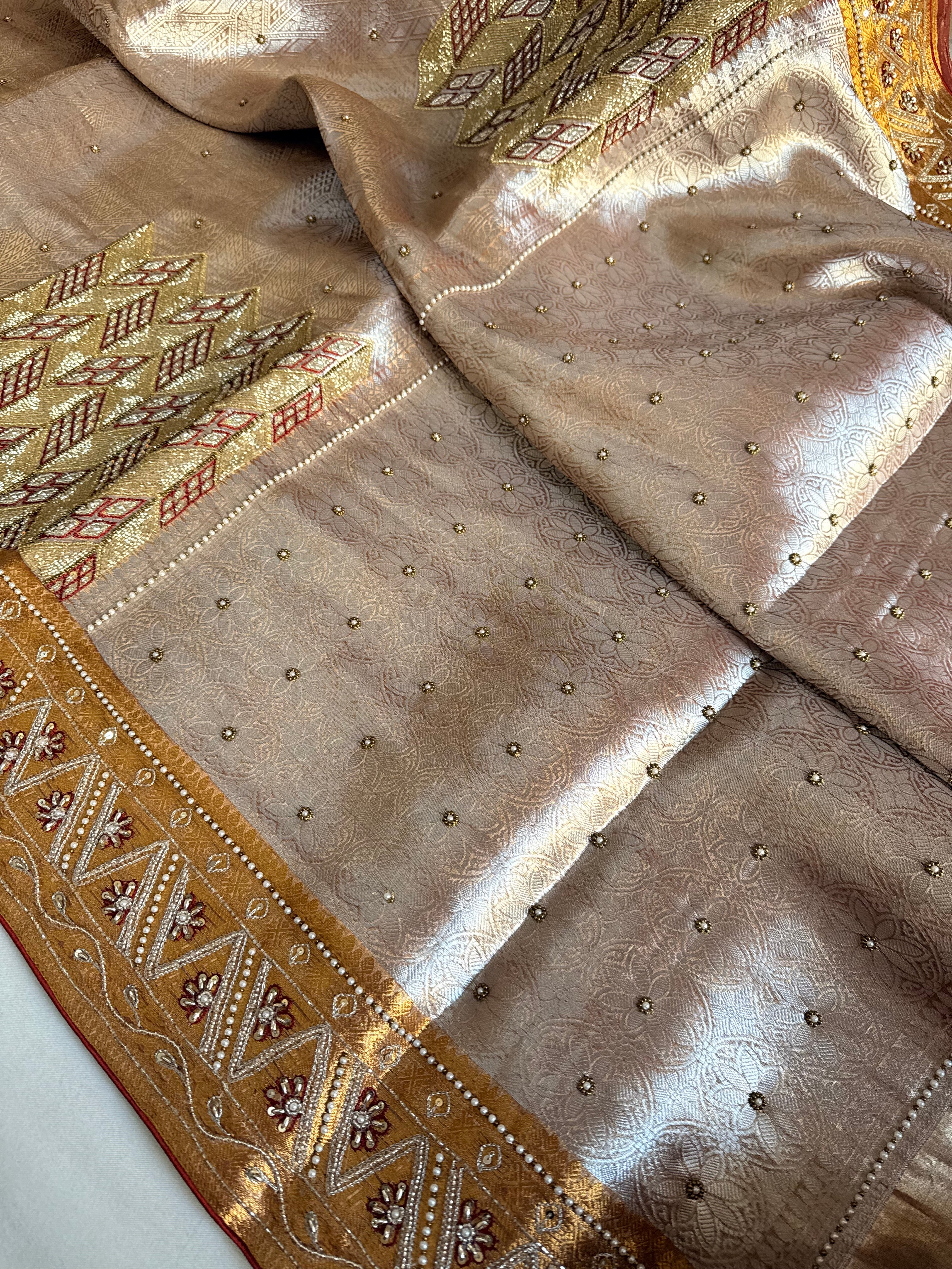Kanjivaram tissue edit - Tissue brocade hand embroidered saree with jadauwork blouse