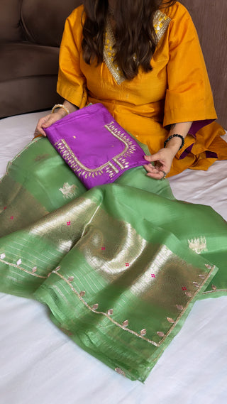 Purple-green hand embroidered kadhwa suit set from vyaah wala ghar edit