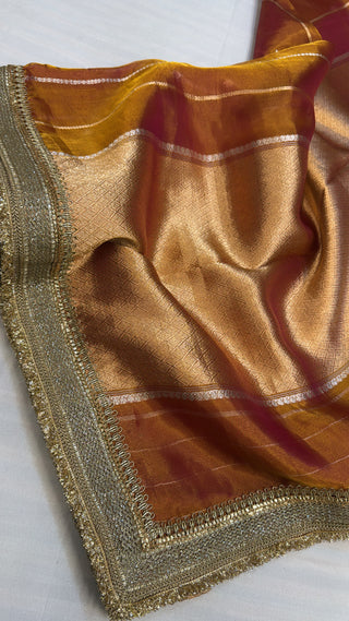 Maharani kanjivaram pinkish-orange dhup chao effect tissue silk sarees