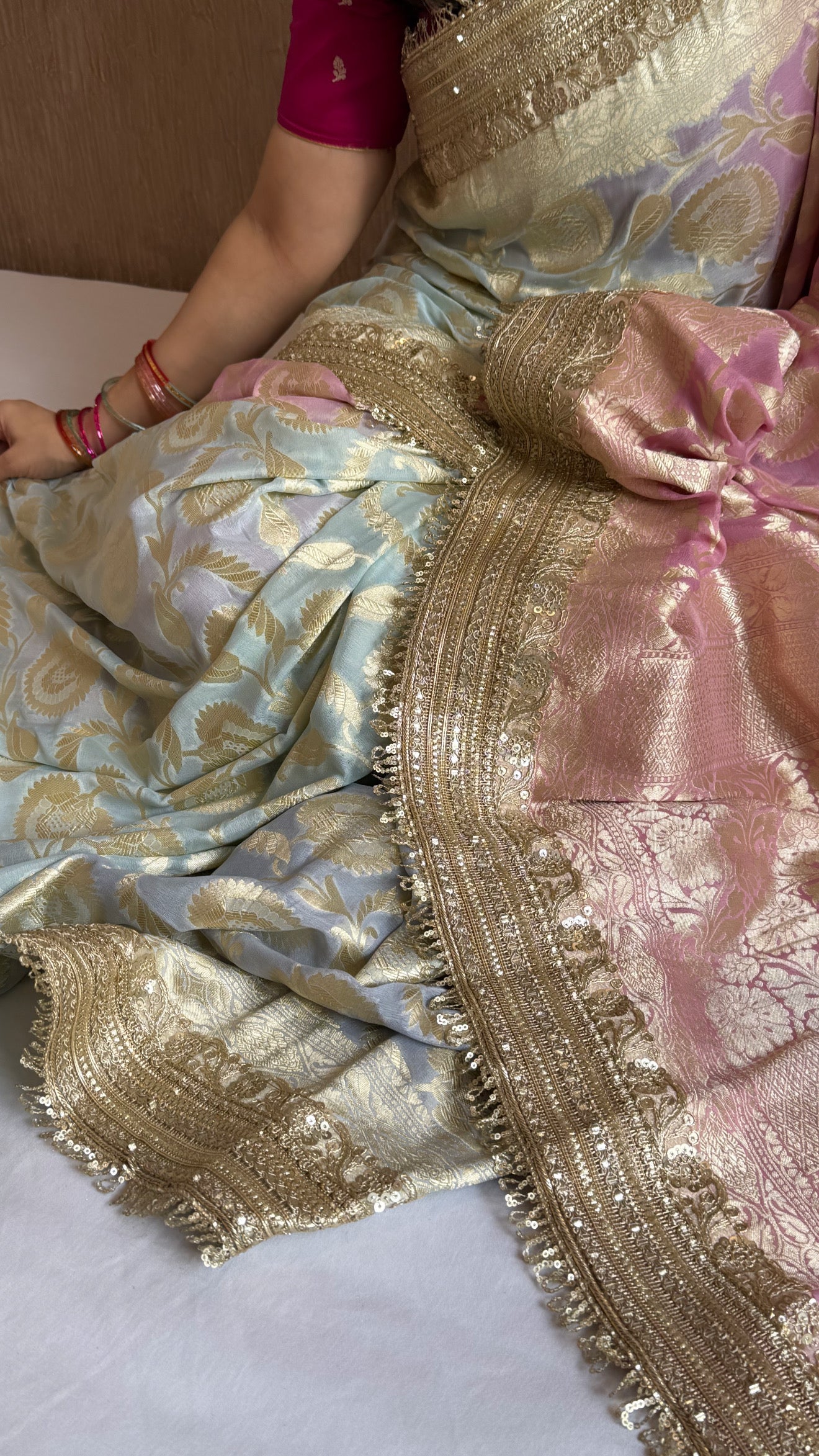 Gayatri devi inspired banarasi chiffon gorgette shaded kadhwa jaal sarees