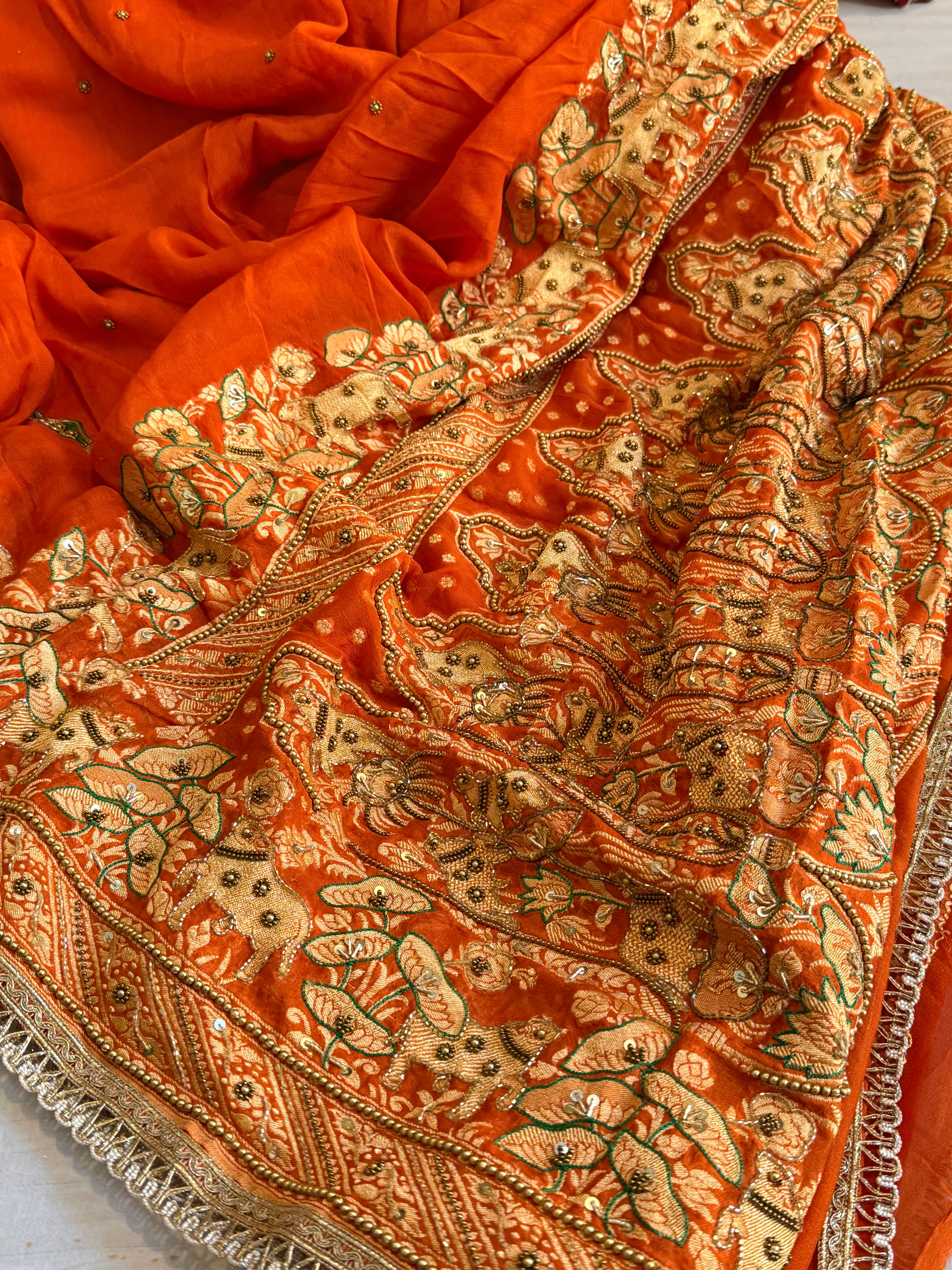 Banarasi fanta orange chiffon gorgette hand embroidered kadhwa saree
