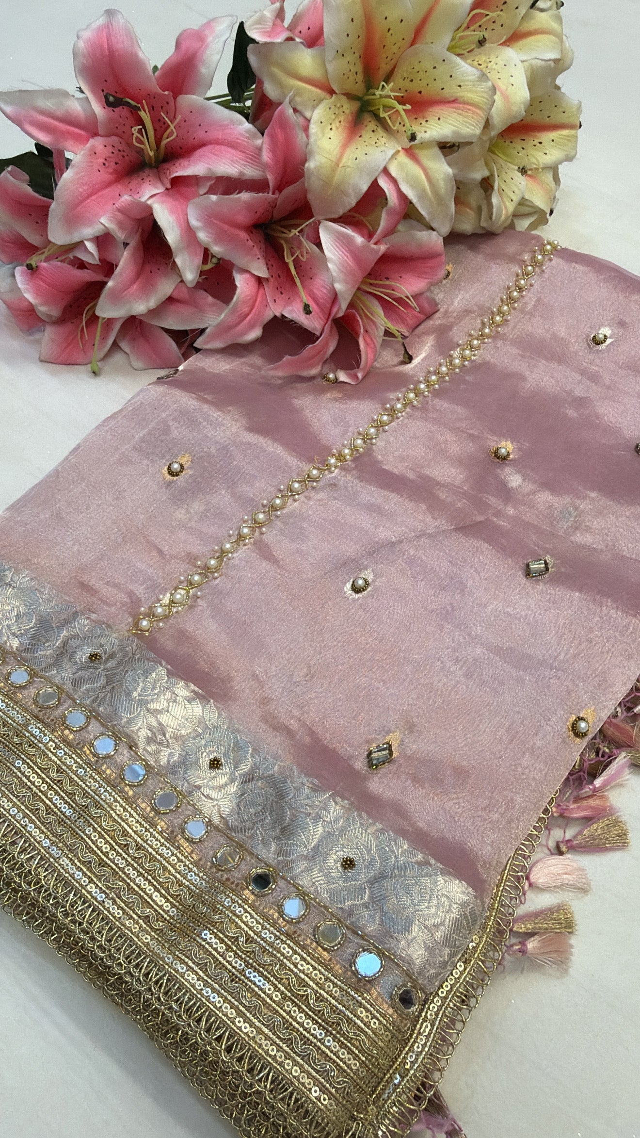 Blush pink husn tissue silk hand embroidered kadhwa saree