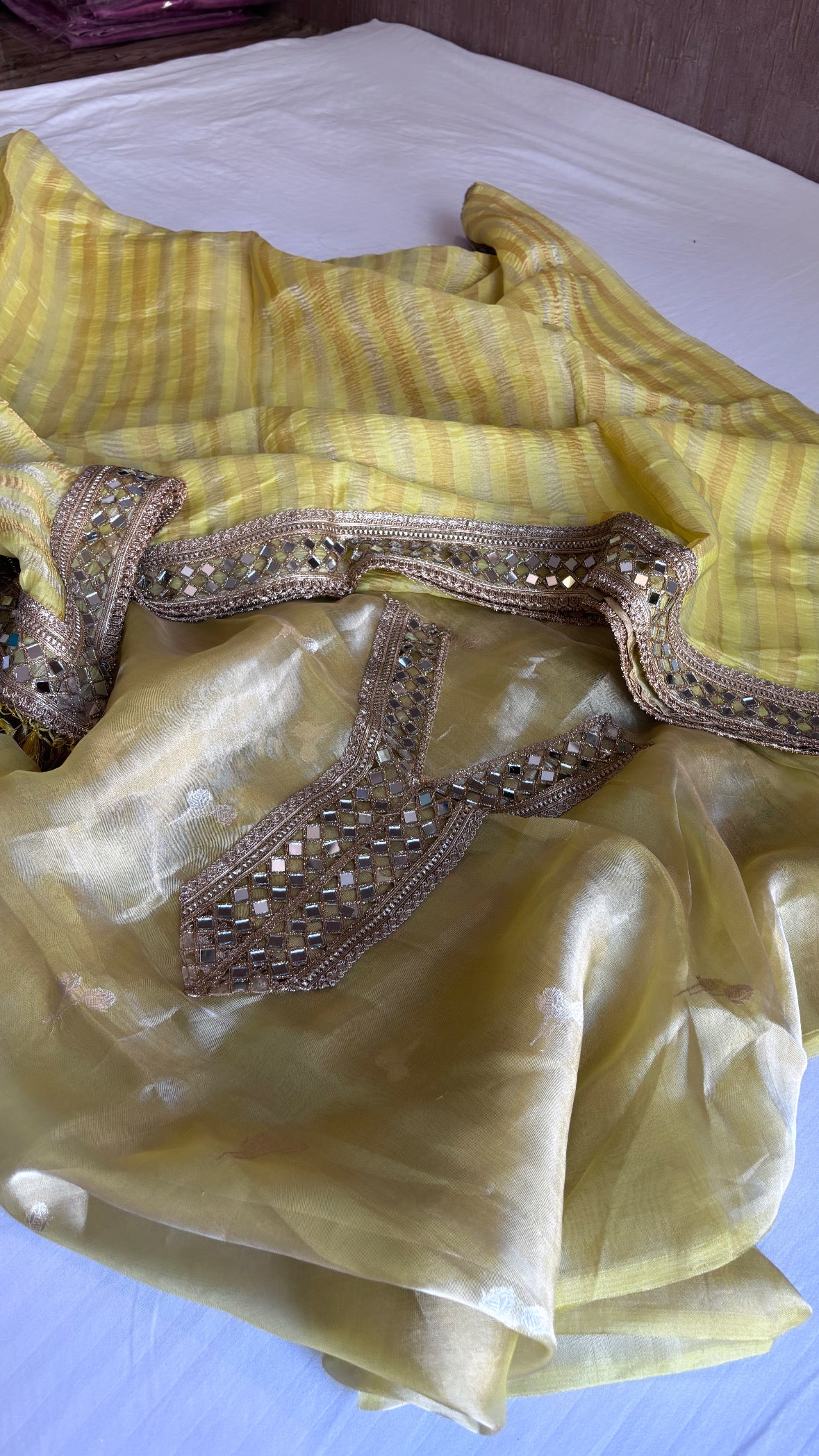 Lime green husn tissue silk mirror work suit set