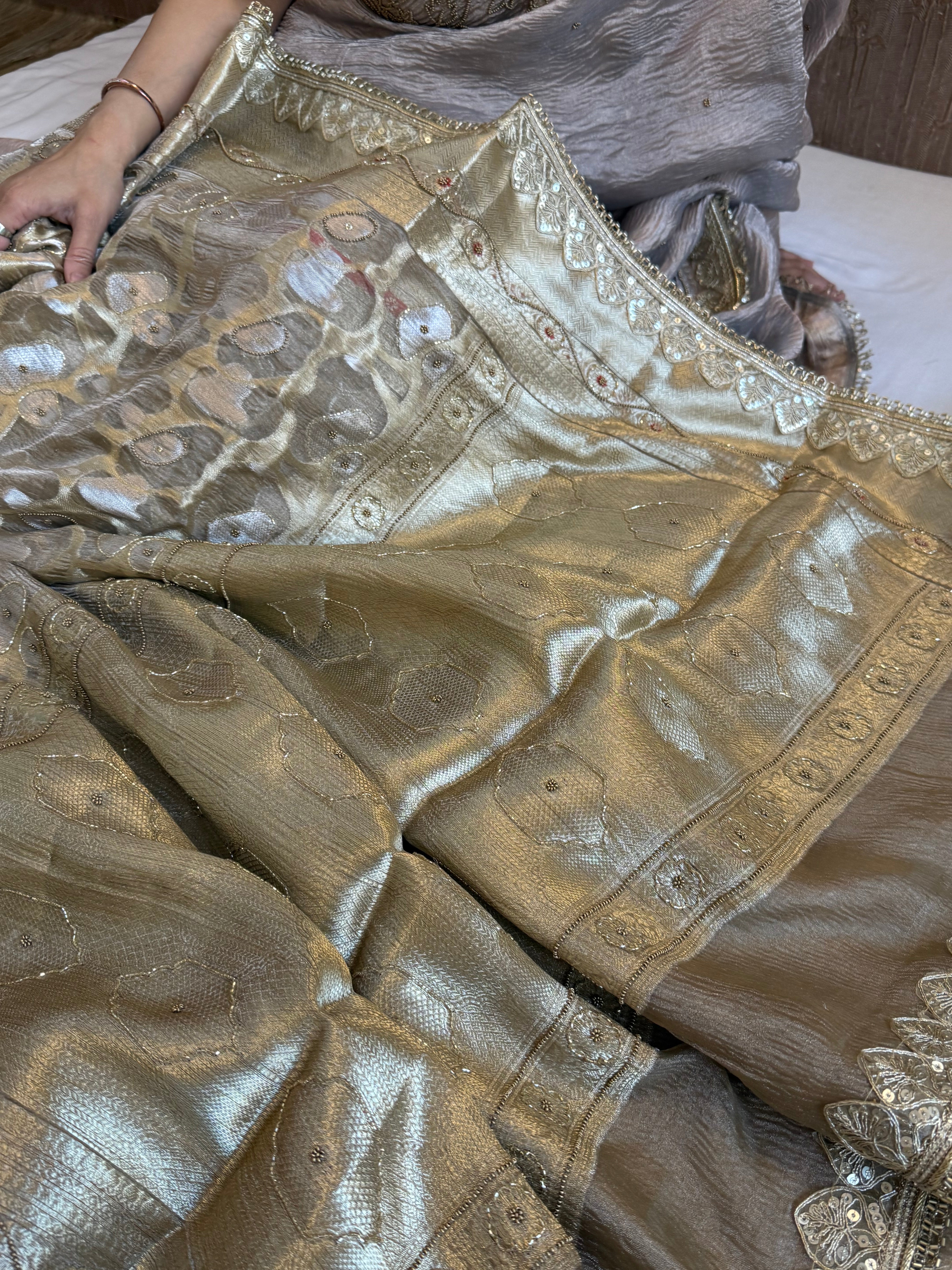 Mehfil sona rupa crushed tissue silk hand embroidered kadhwa saree