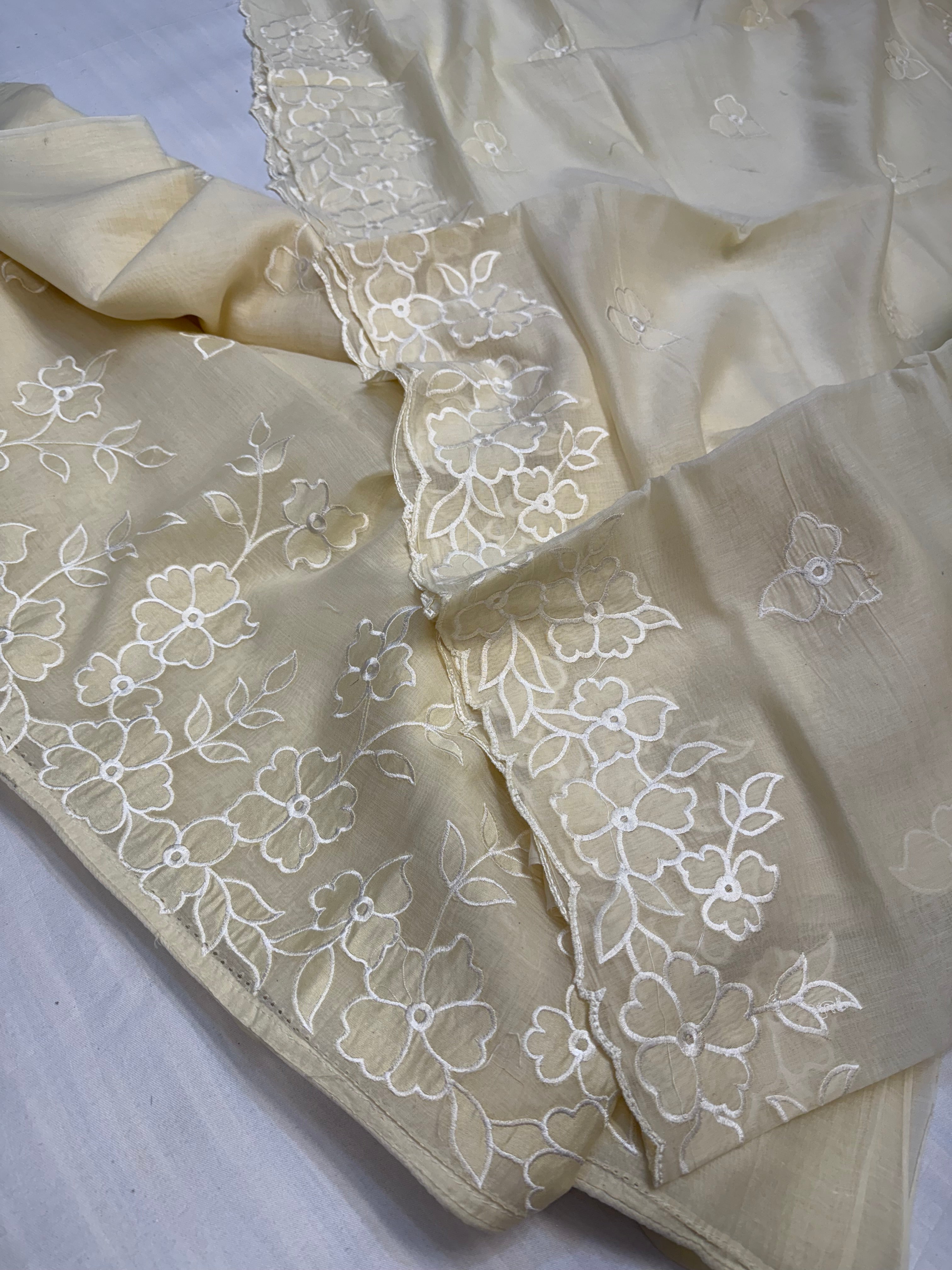 Mul cotton soft beige appliqué work kadhwa suit set