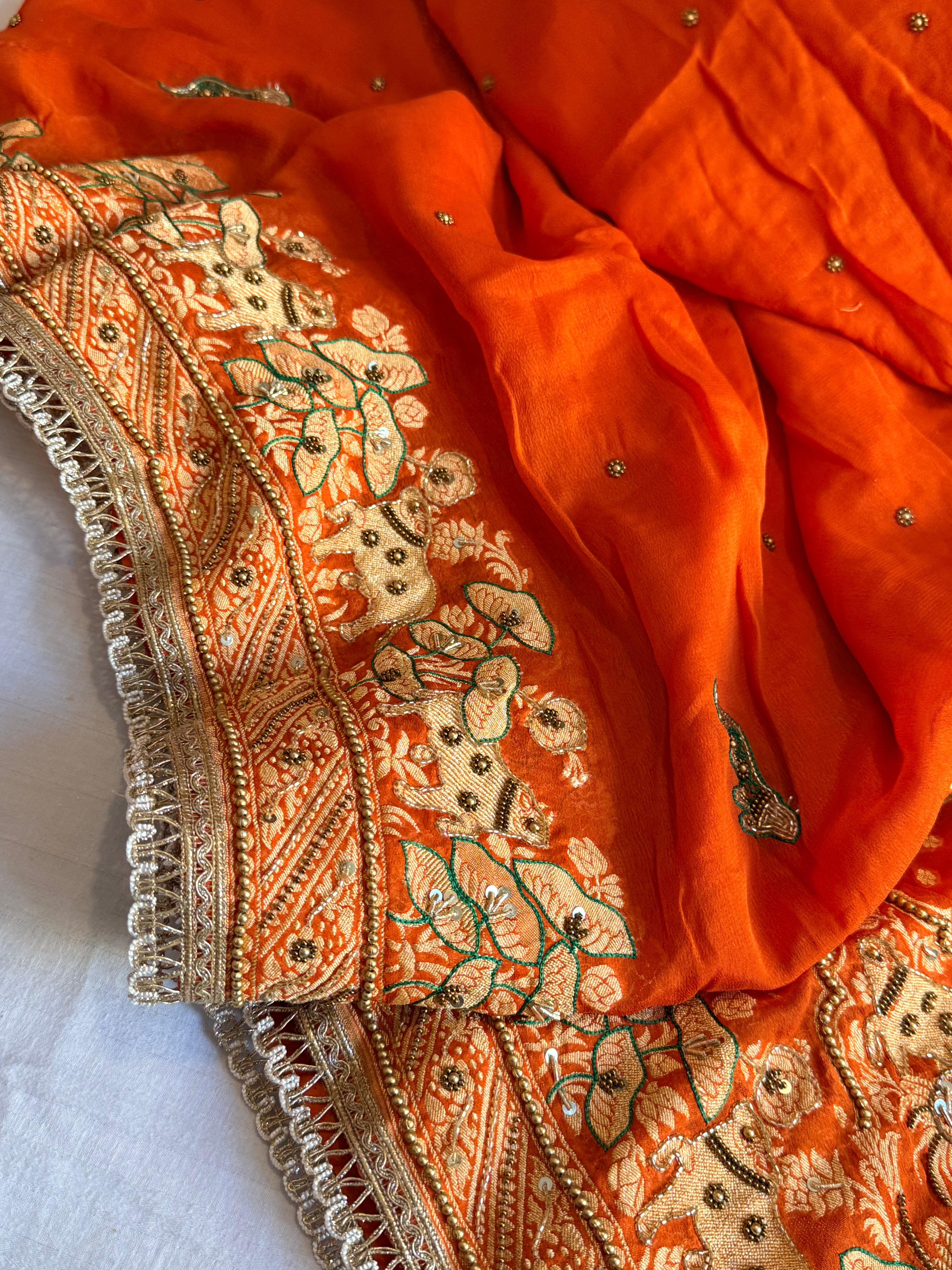 Banarasi fanta orange chiffon gorgette hand embroidered kadhwa saree
