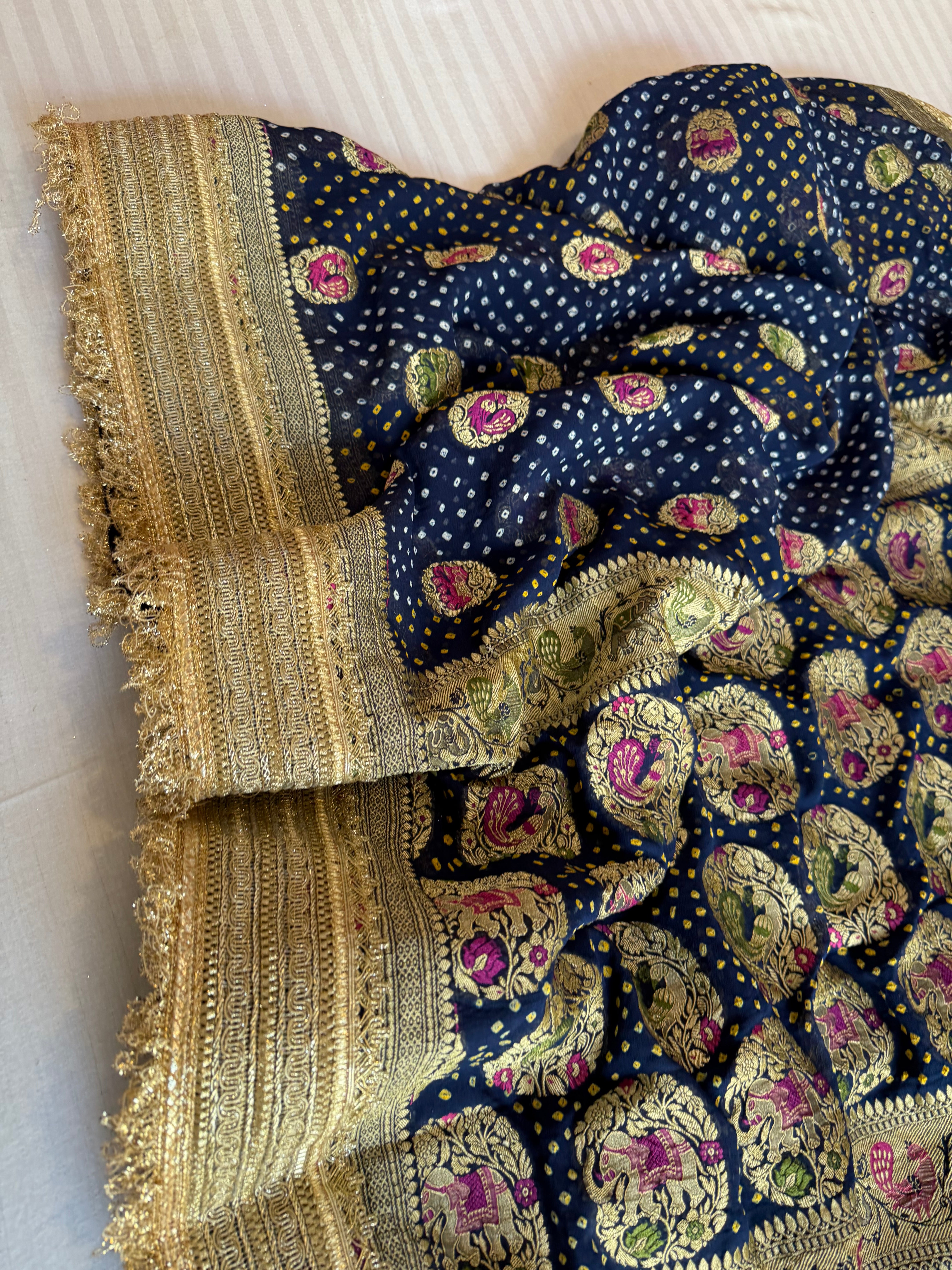 Persian blue banarasi gorgette kadhwa meenakari bandhej saree