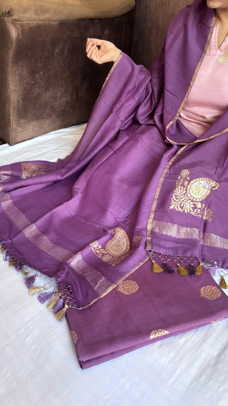 Plum moonga silk kadhwa buti suit set