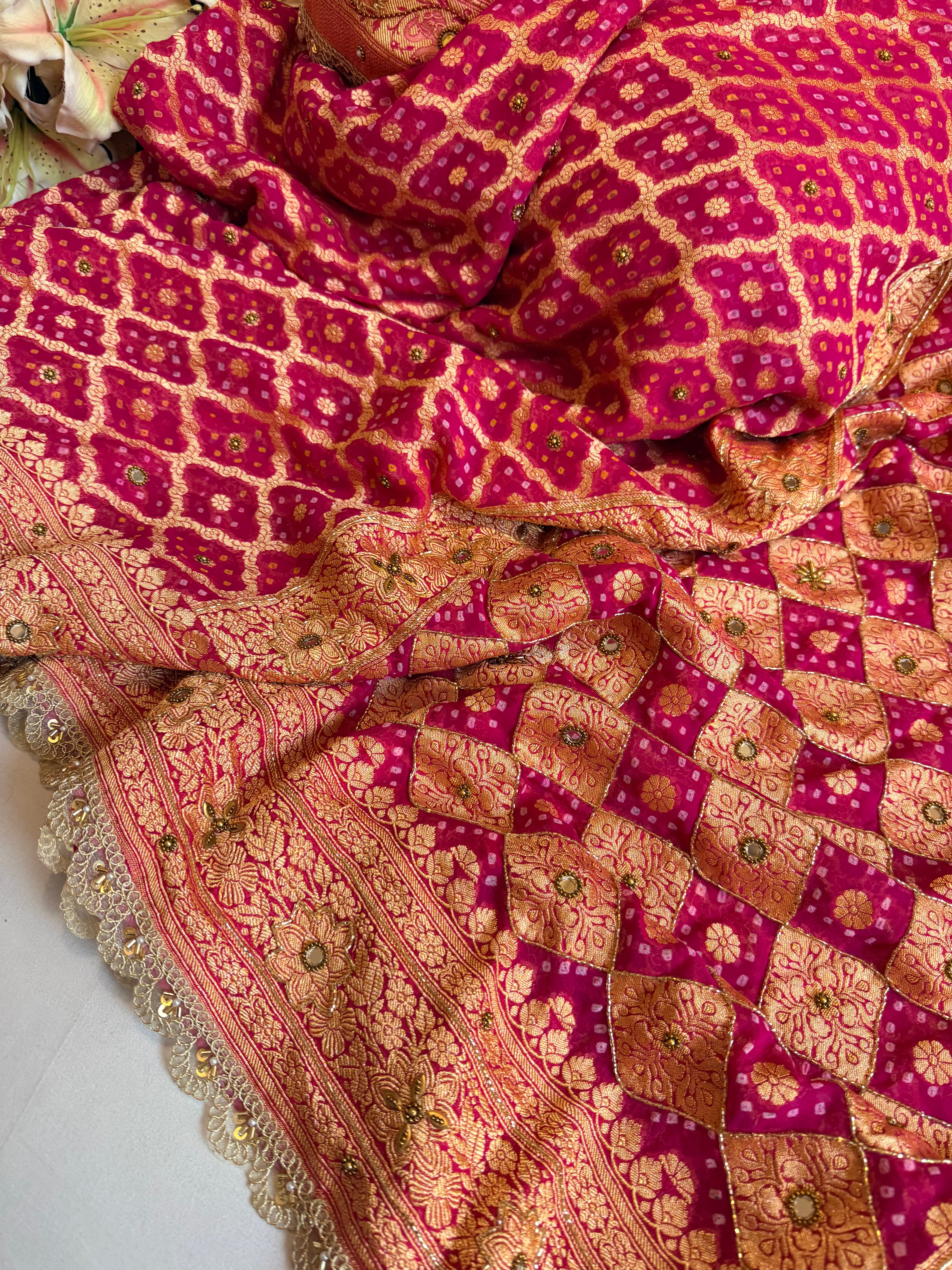 Bandhej saree ka sandook - Fuchsia pink shaded chiffon gorgette banarasi bandhej saree