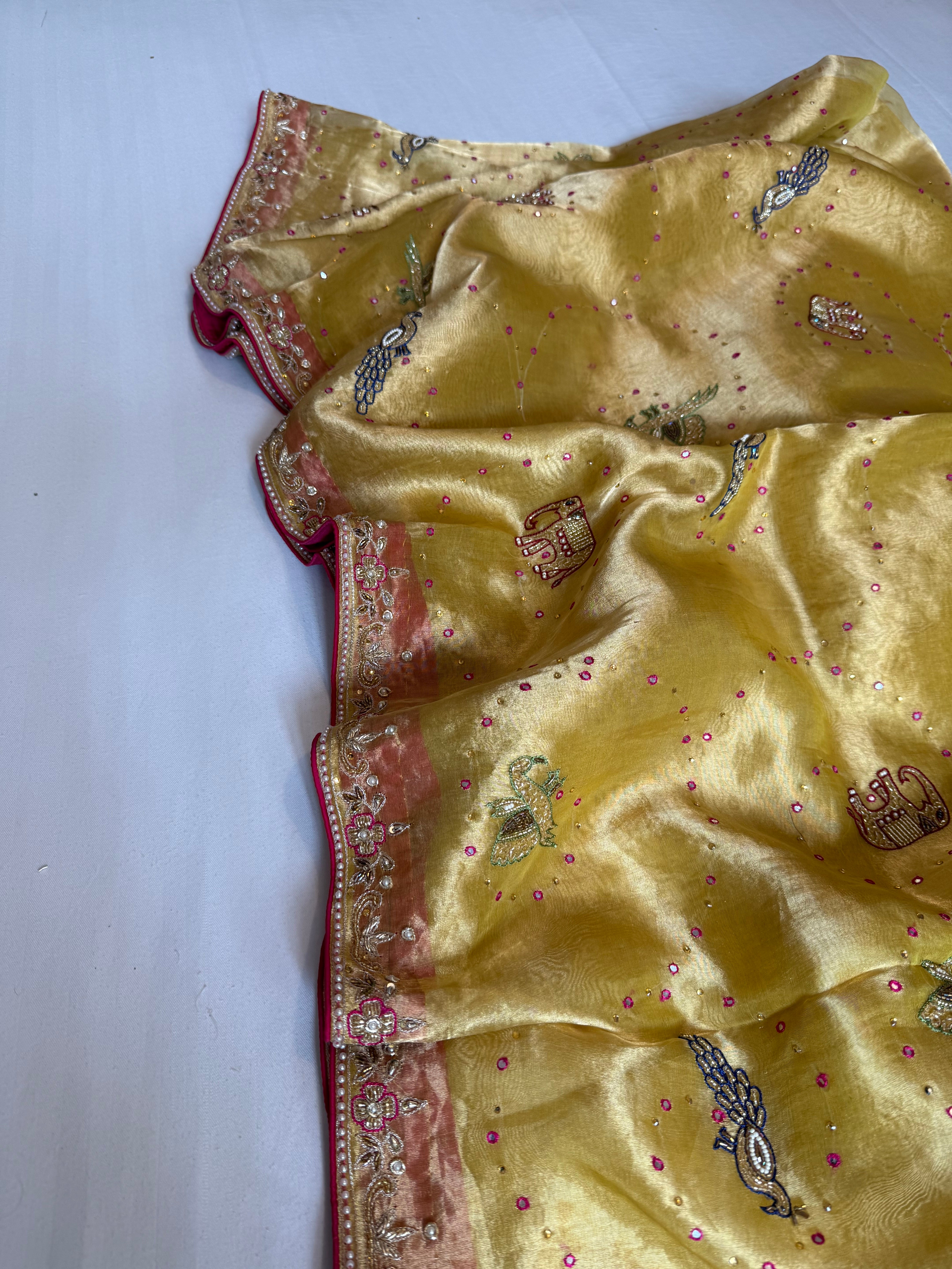 Shikarbagh edit tissue silk hand embroidered kadhwa saree