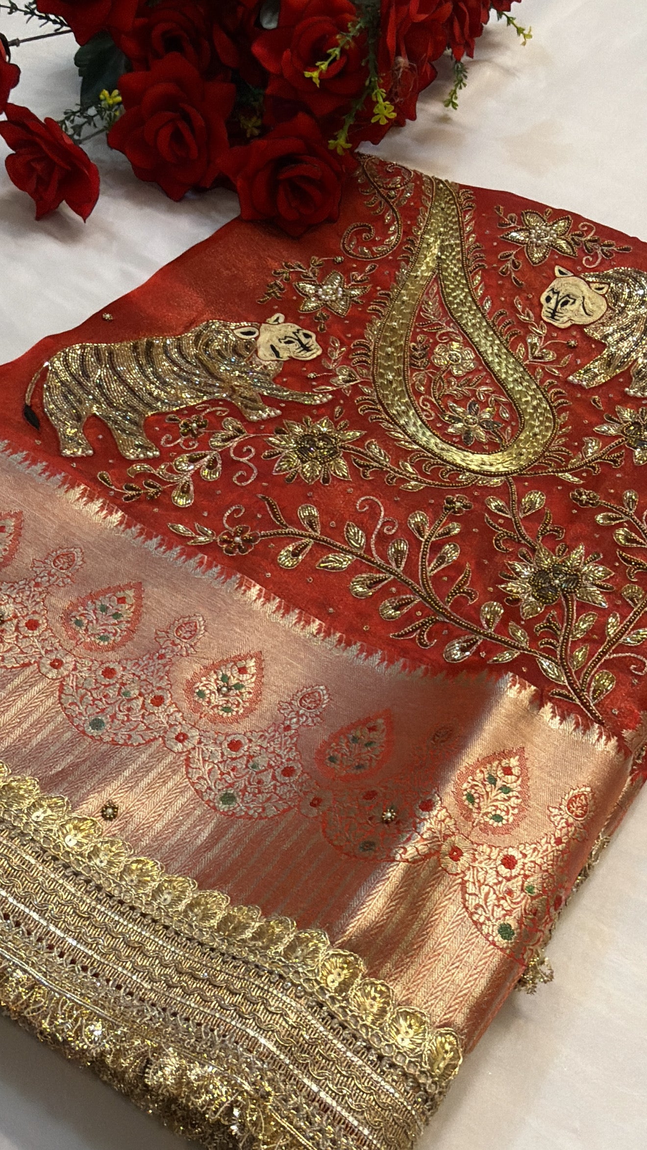 Dulhan ka joda husn red tissue silk hand embroidered saree