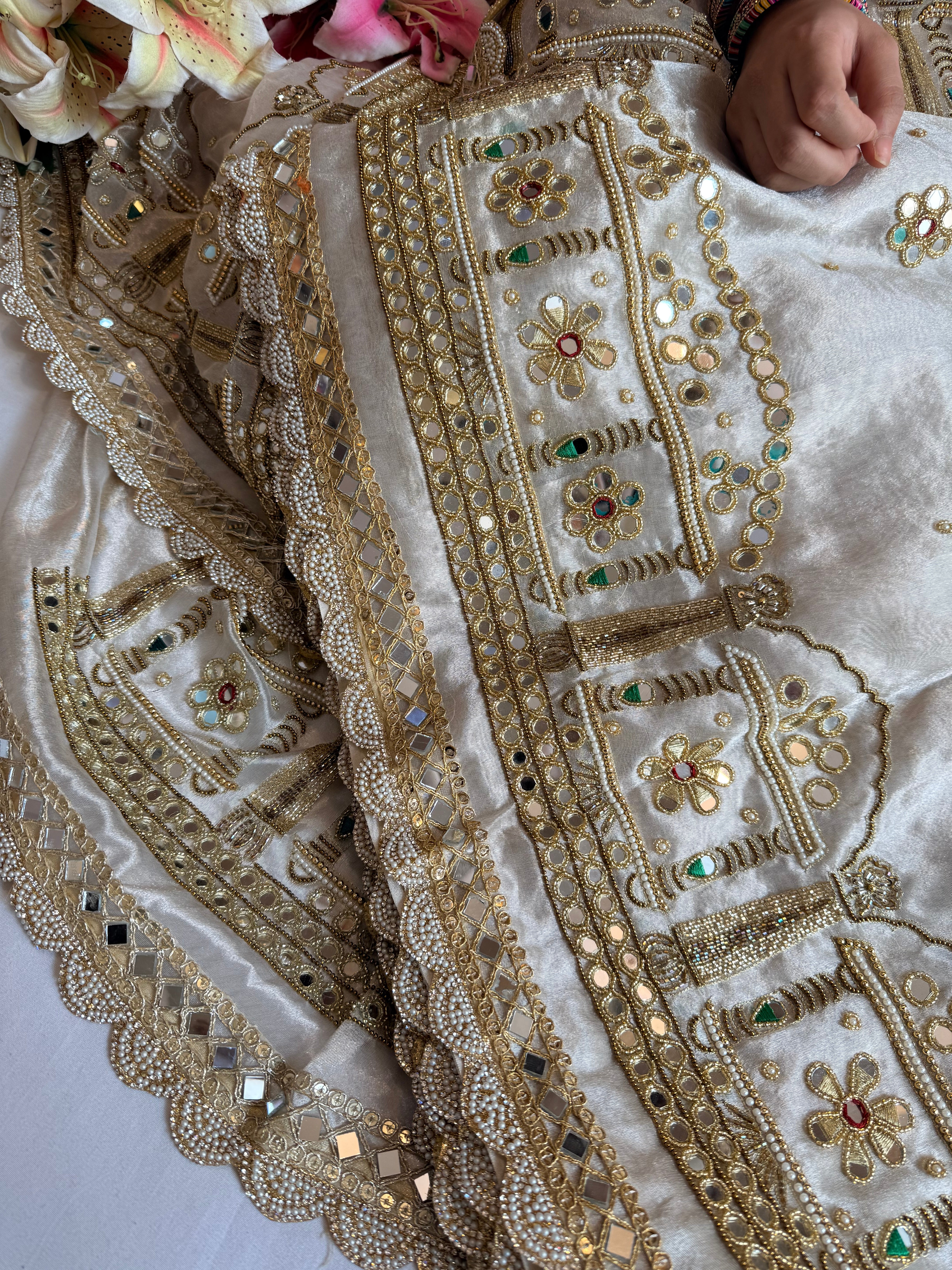 Hawamahal diamond tissue silk mirror work hand embroidered kadhwa saree