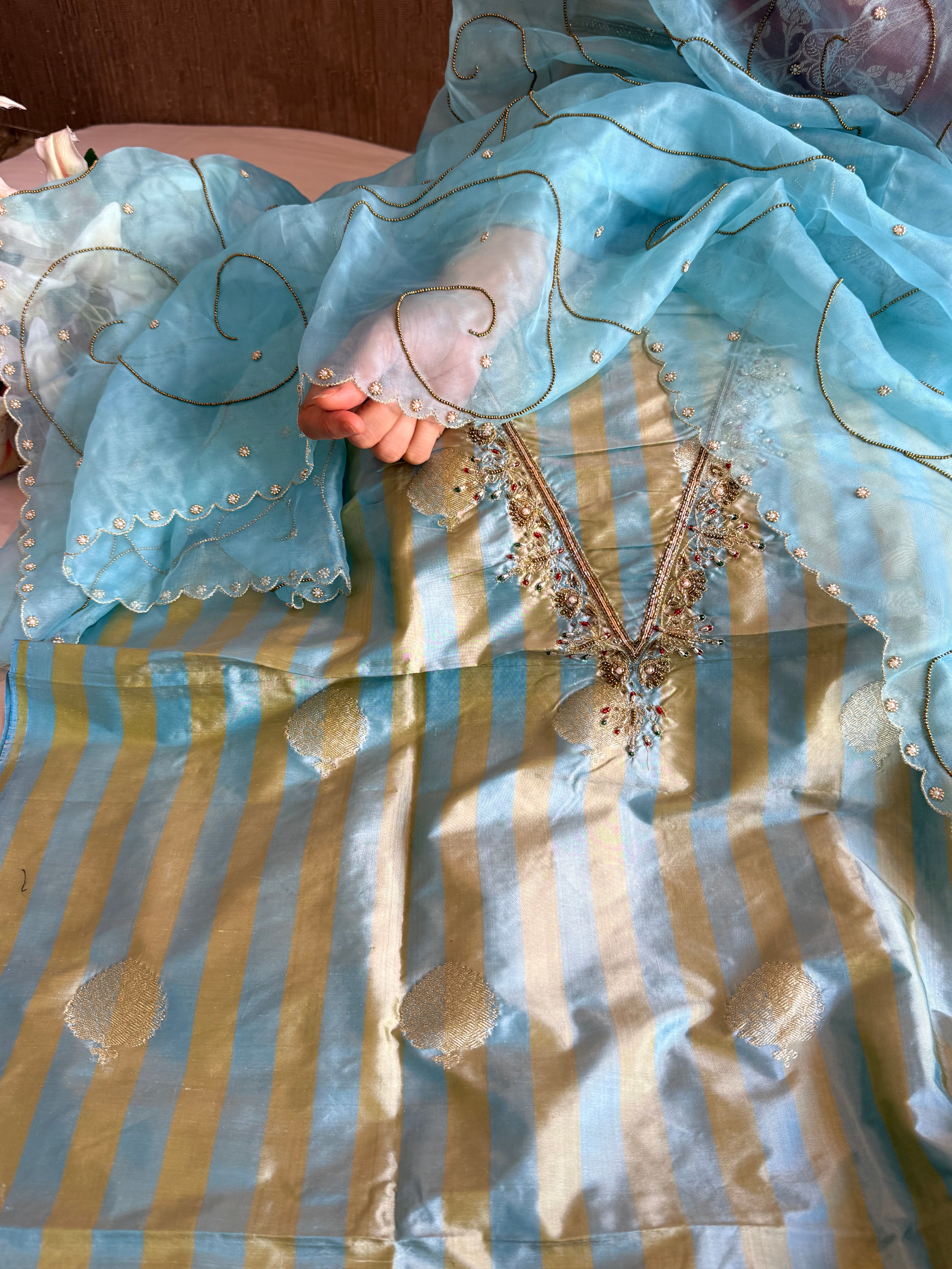 Katan silk kadhwa striped hand embroidered dhup chao effect suit set