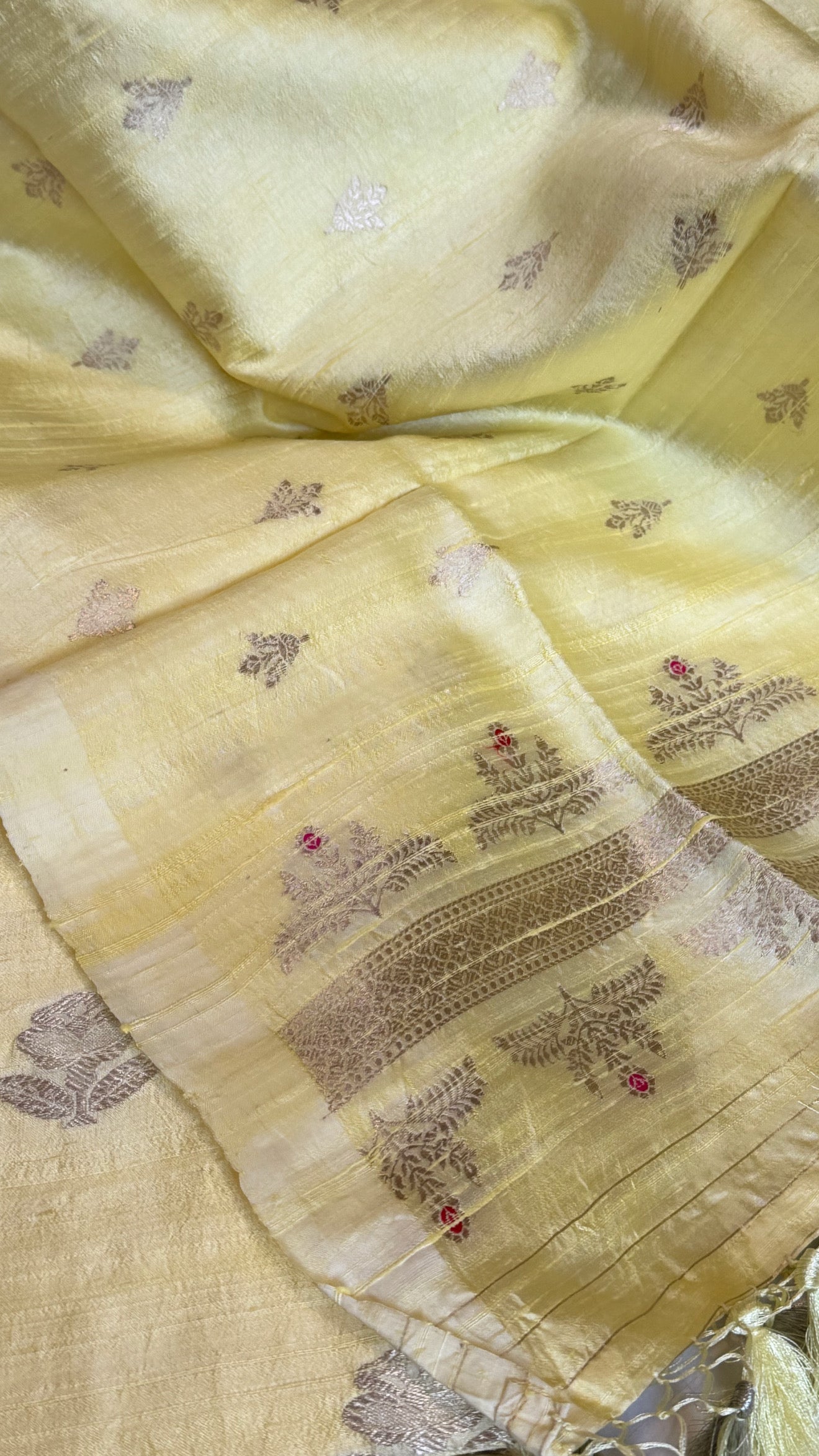 Lime yellow kadhwa raw silk meenakari banarasi suit sets
