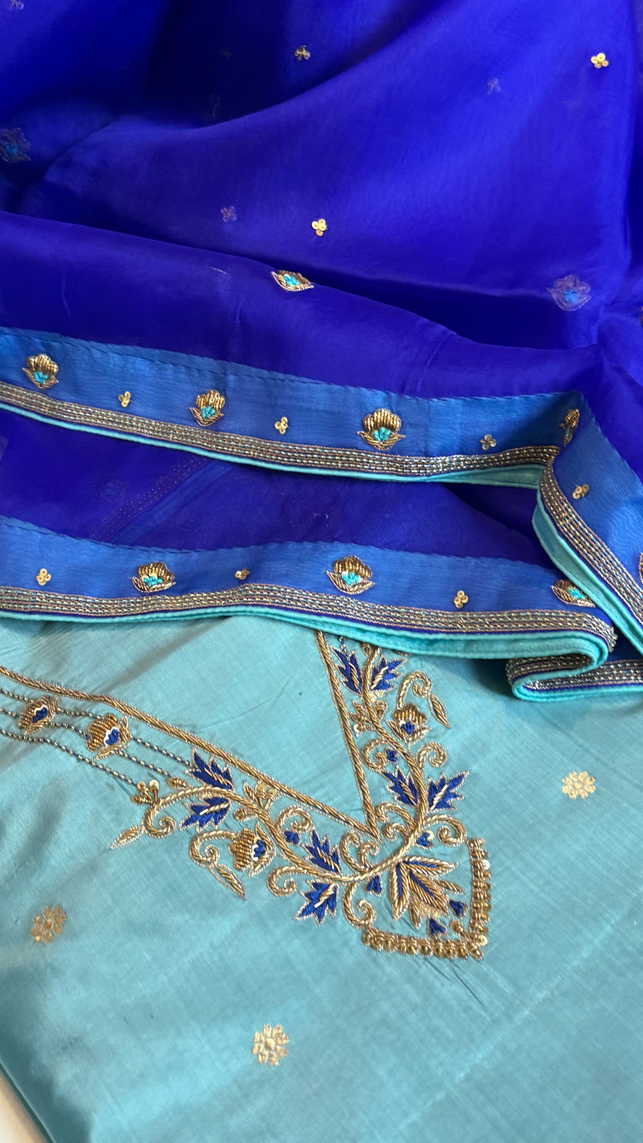 Sea blue - electric blue shade katan silk hand embroidered kurta paired with kora silk zardozi duppata
