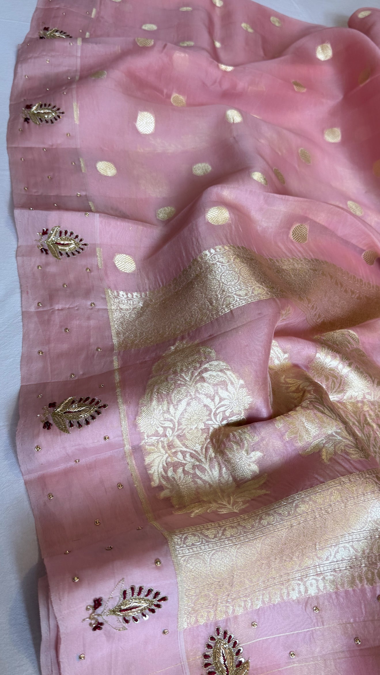 Blush pink banarasi kora silk hand embroidered kadhwa saree