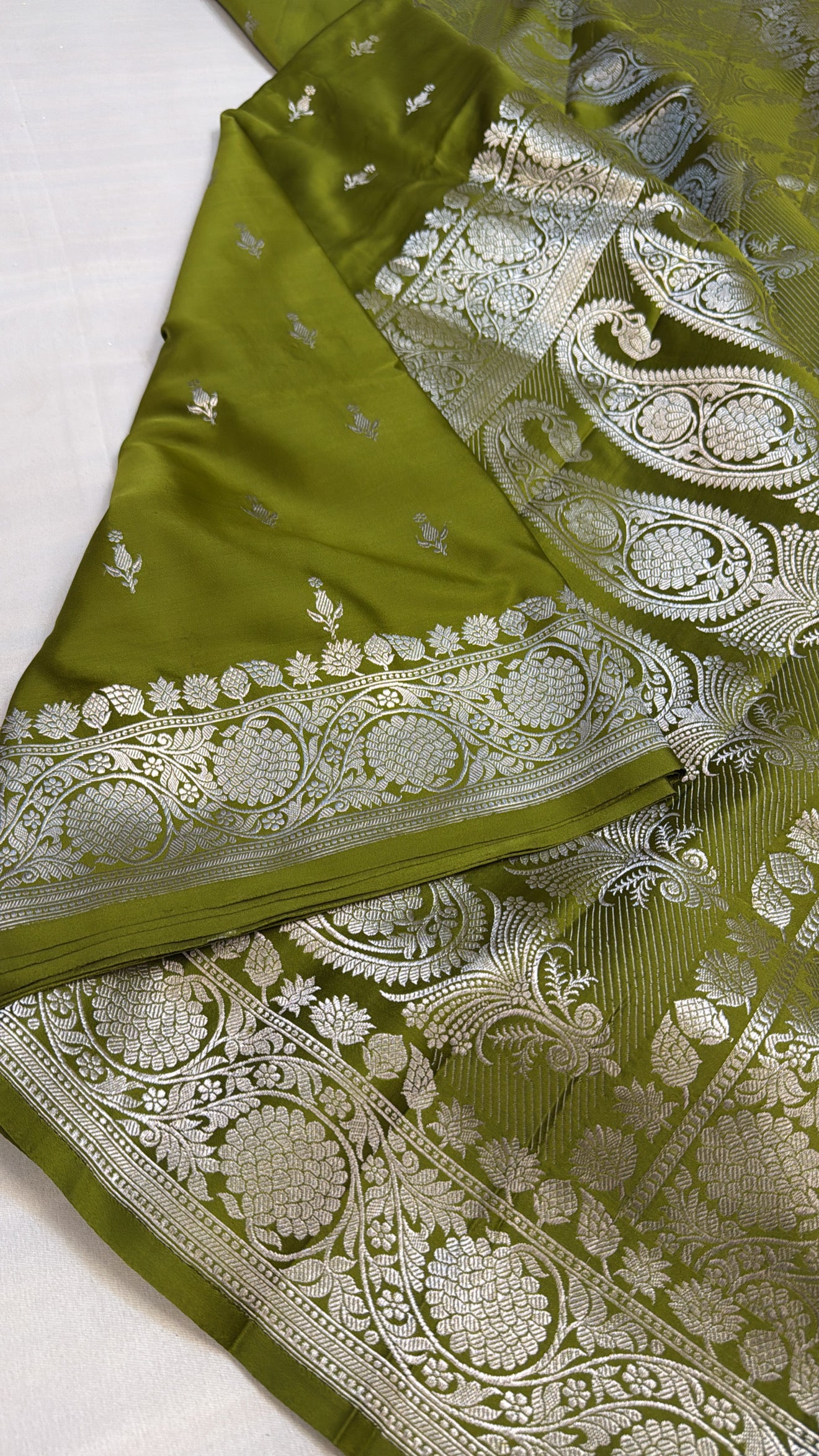 Mashru satin silk mehendi green shade banarasi saree