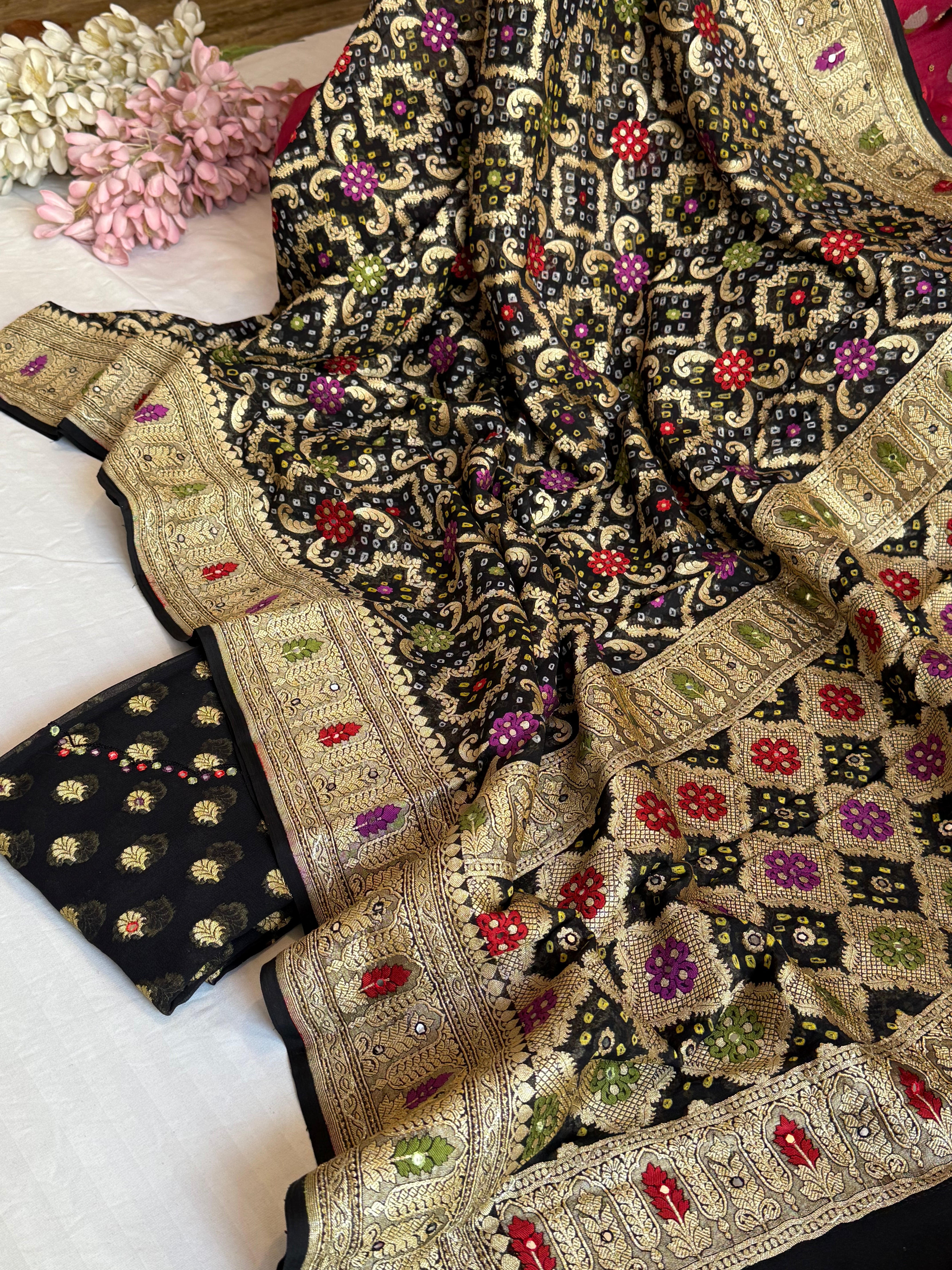 Mirror and dori work black banarasi gorgette kadhwa suit set