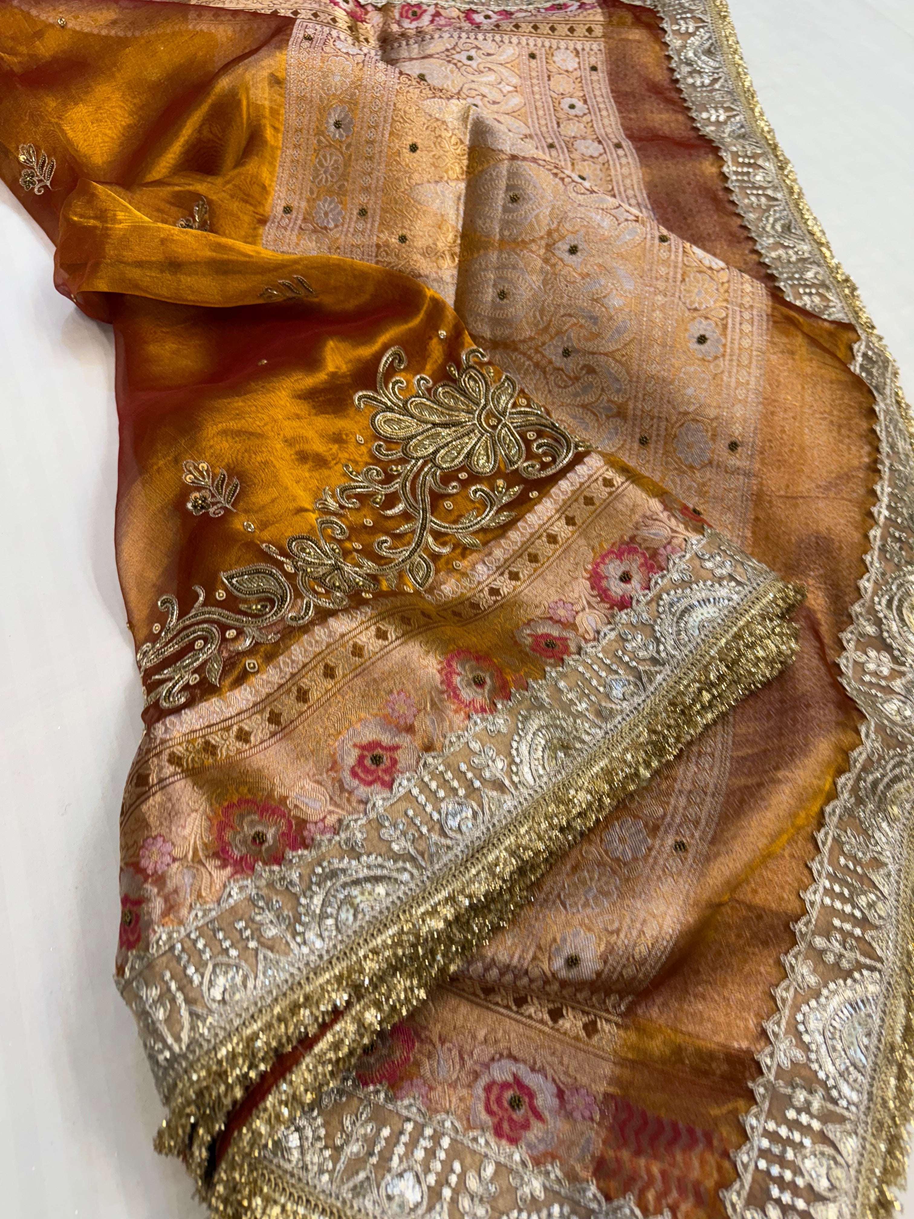 Cocktail wali saree - Kanjivaram orange tissue silk hand embroidered saree