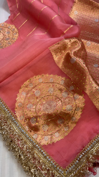 Peachy peach sitara kora silk stonework saree