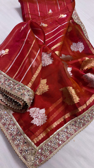 Maharani tomato deep red tissue silk kadhwa buti saree