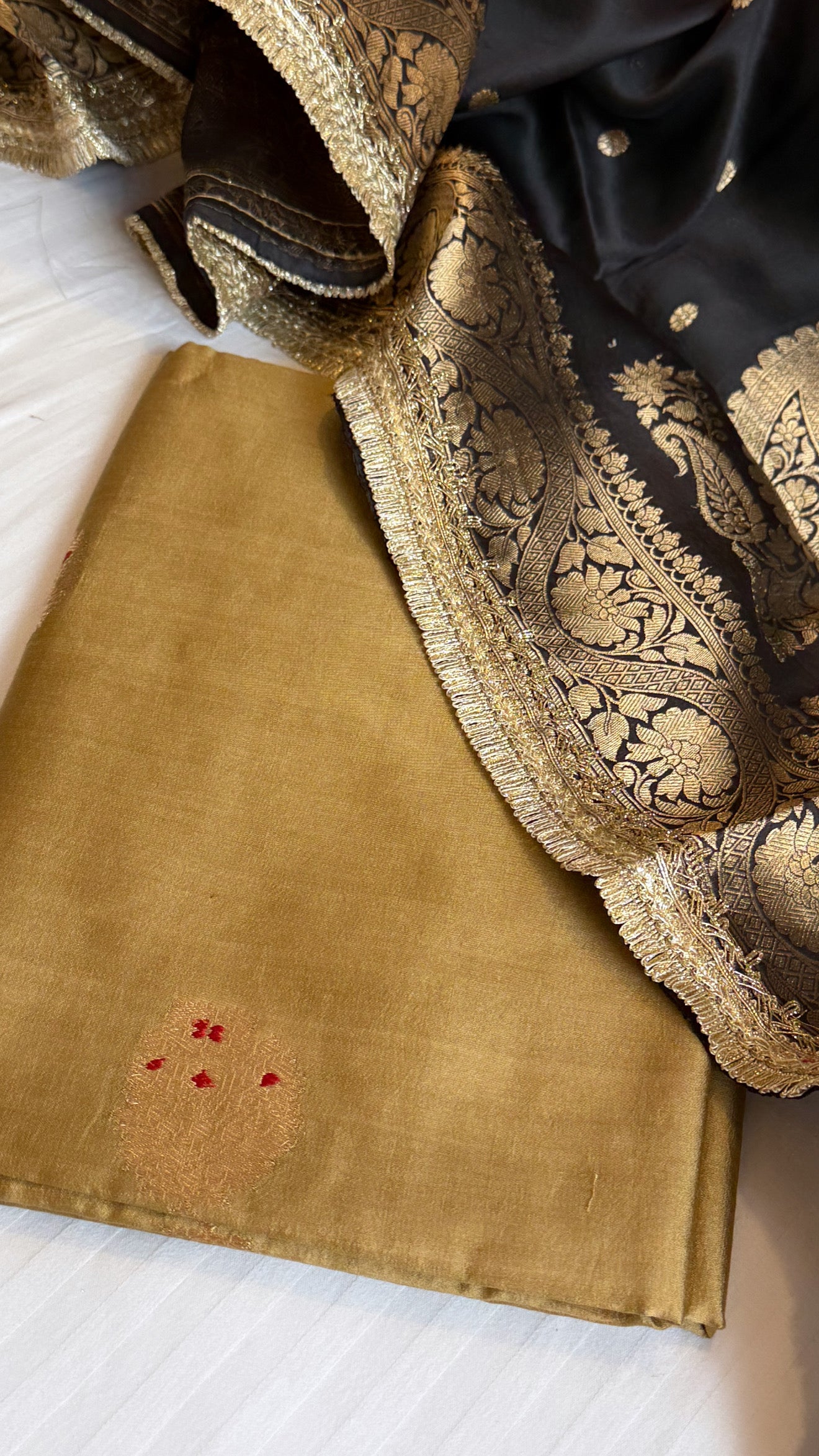 Banarasi olive-gold black combination kohniya buti silk suit sets