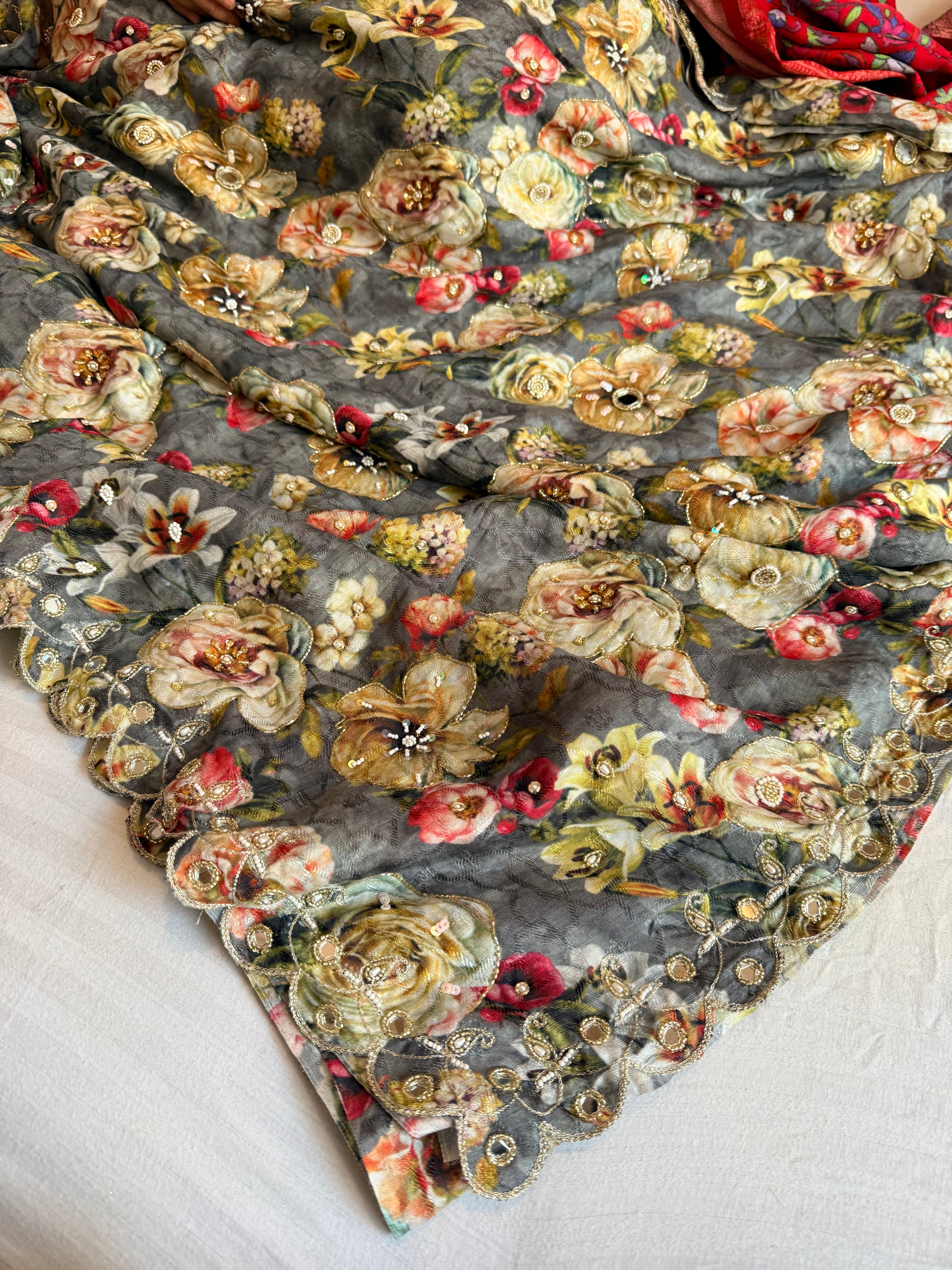 Printed moonga silk hand embroidered kadhwa gotapatti saree