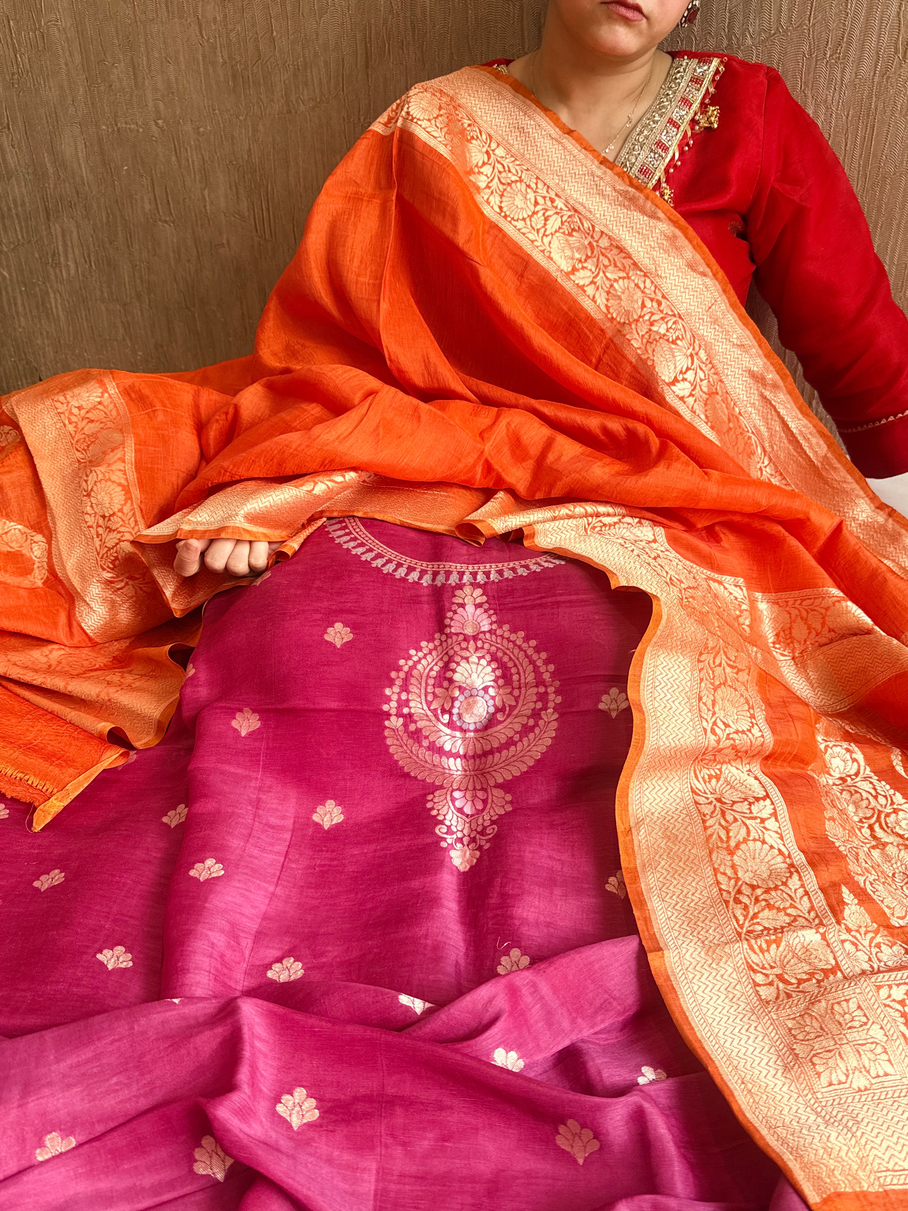 Banarasi linen gorgette neckwork weaving meenakari suit set