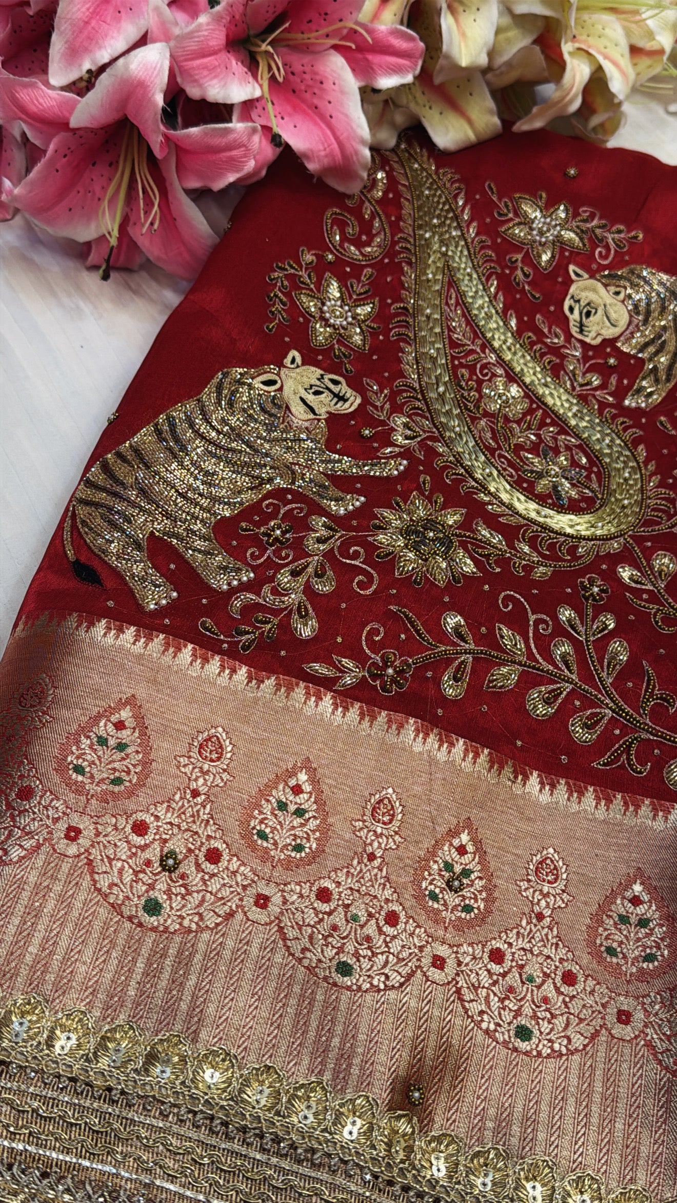 Red special - Husn hot red tissue silk tiger motif hand embroidered kadhwa saree