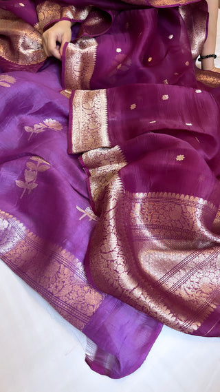 Purple linen gorgette kadhwa buti suit set with kora silk kadhwa duppata