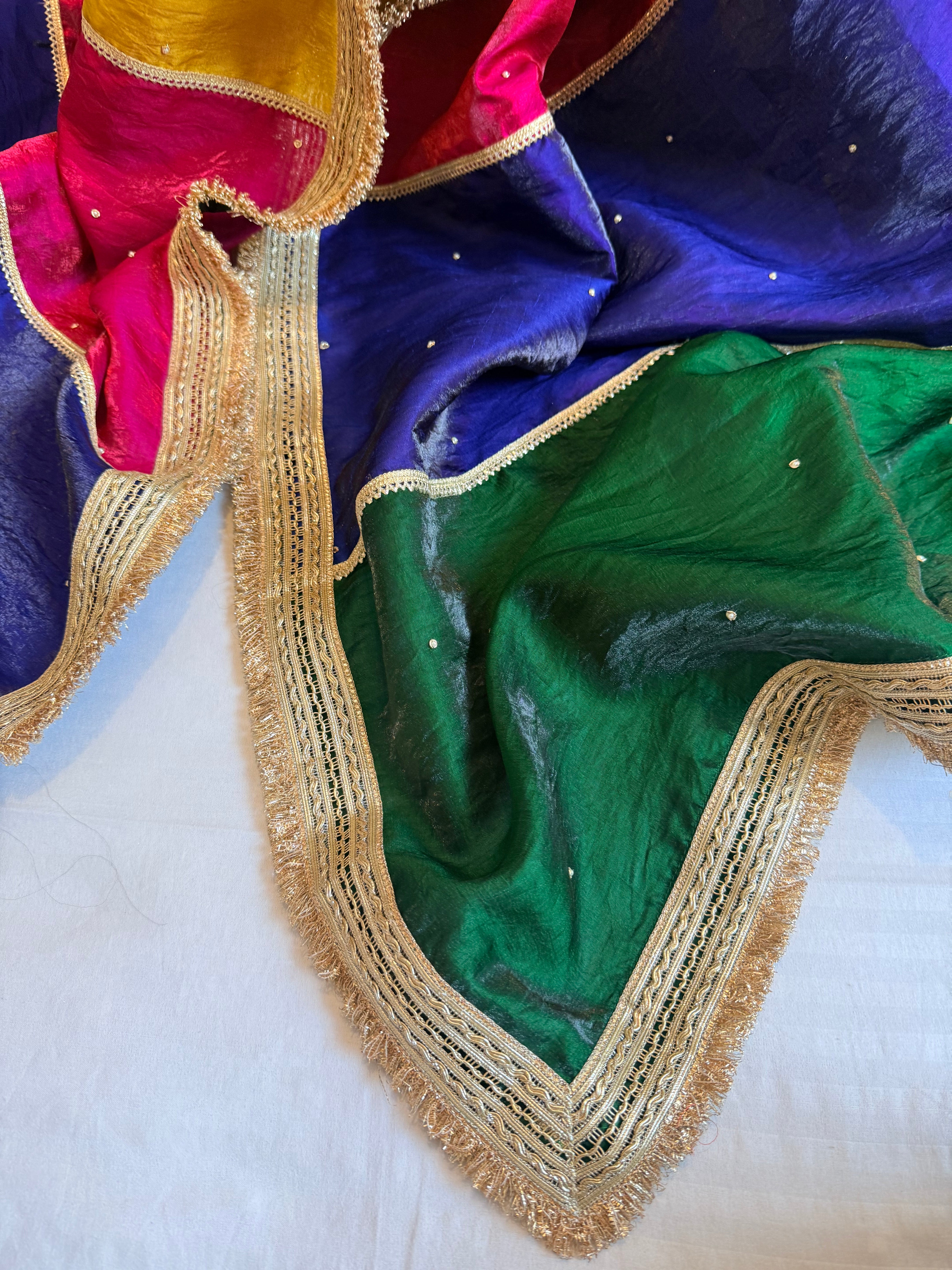 Pakistani tukdi multicolour satin tissue hand embroidered kadhwa duppata