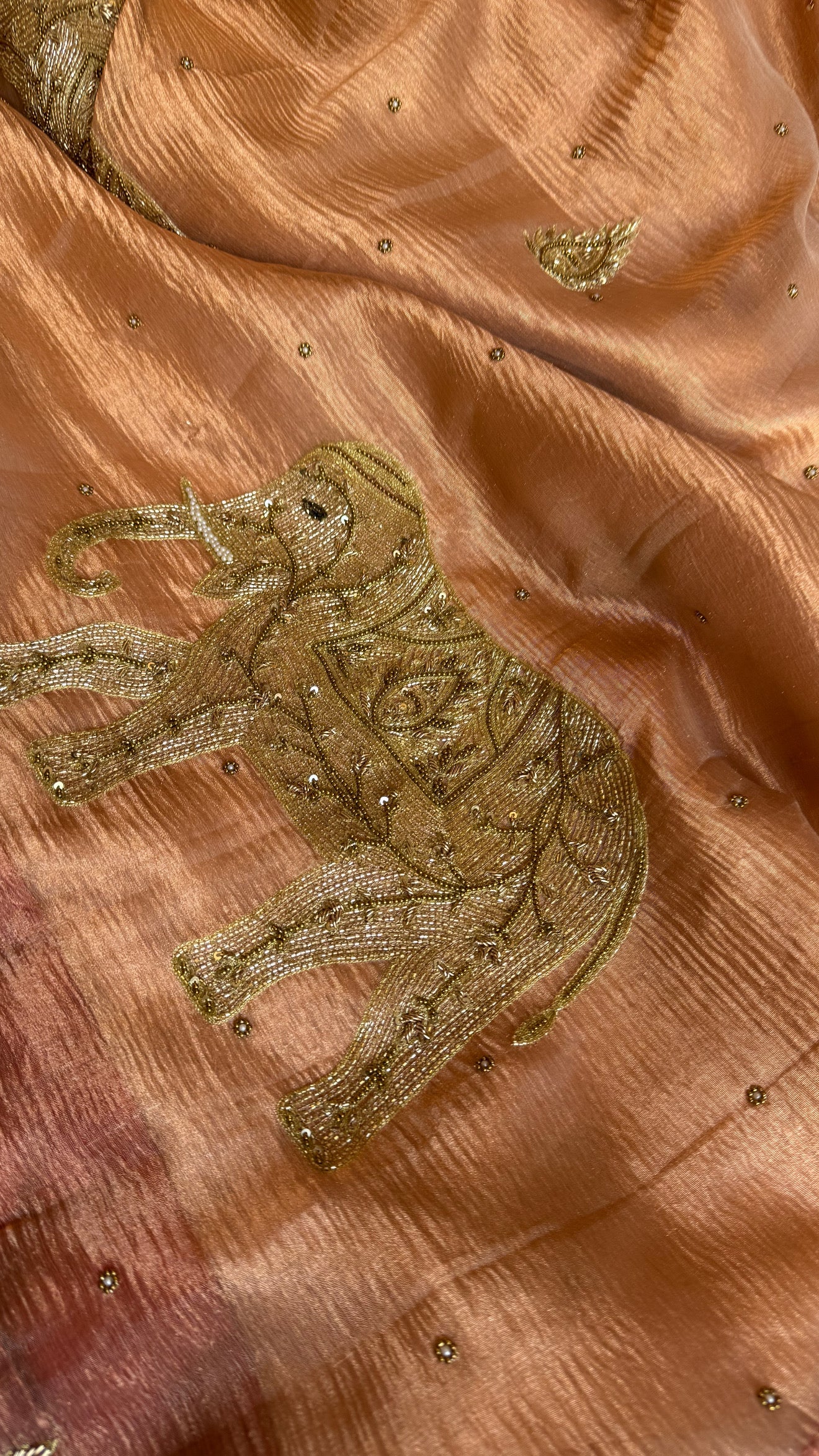 GajGamini copper crushed tissue silk elephant motif meenekari heavy hand embroidered saree