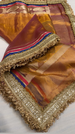 Maharani goldish-pink tissue silk kadhwa saree