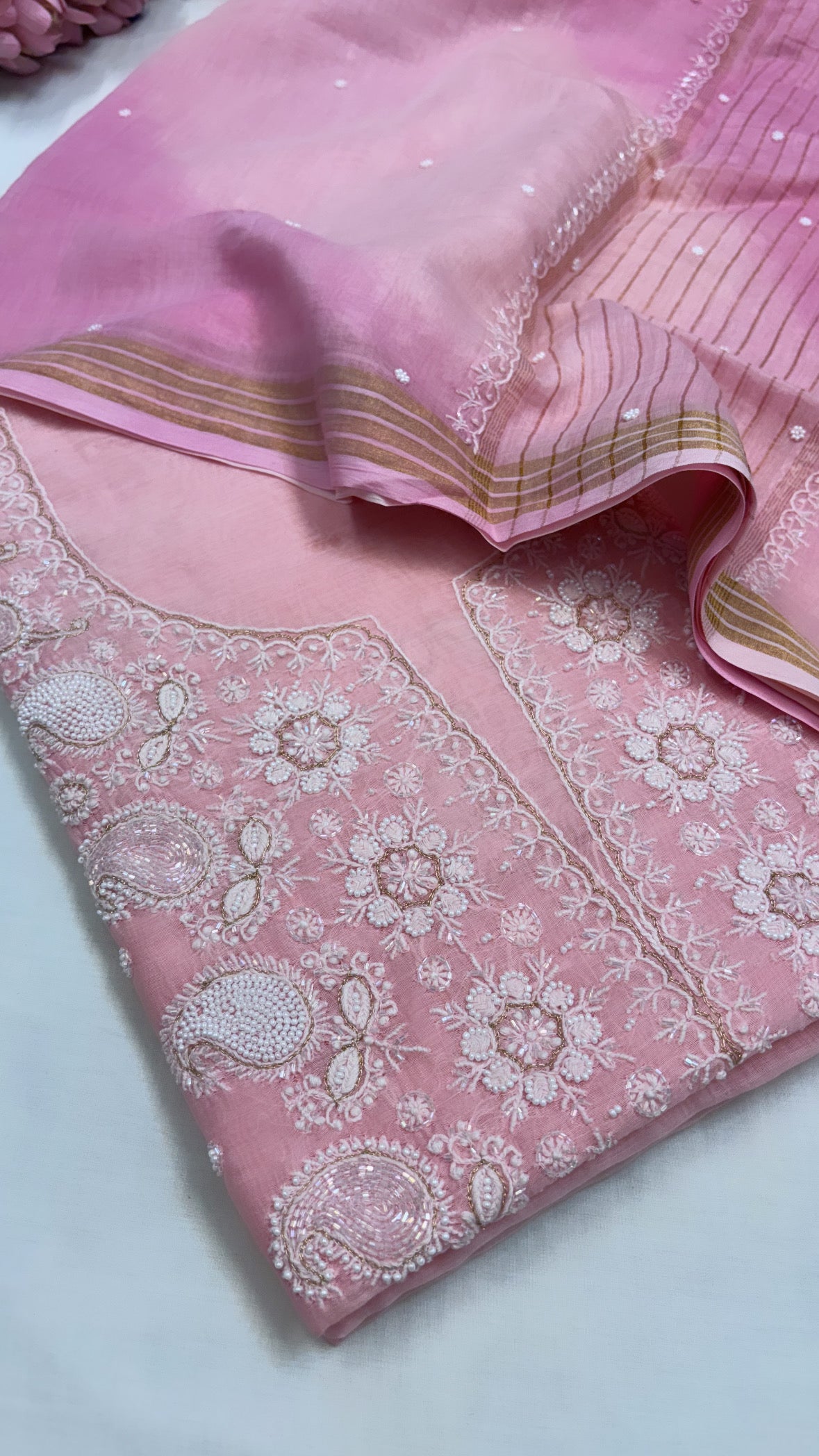 Pure Banarasi blush pink handloom premium cotton kadhwa lucknowi chikankari hand embroidered suit set with intricately hand embroidered motifs and ombre shaded duppata set