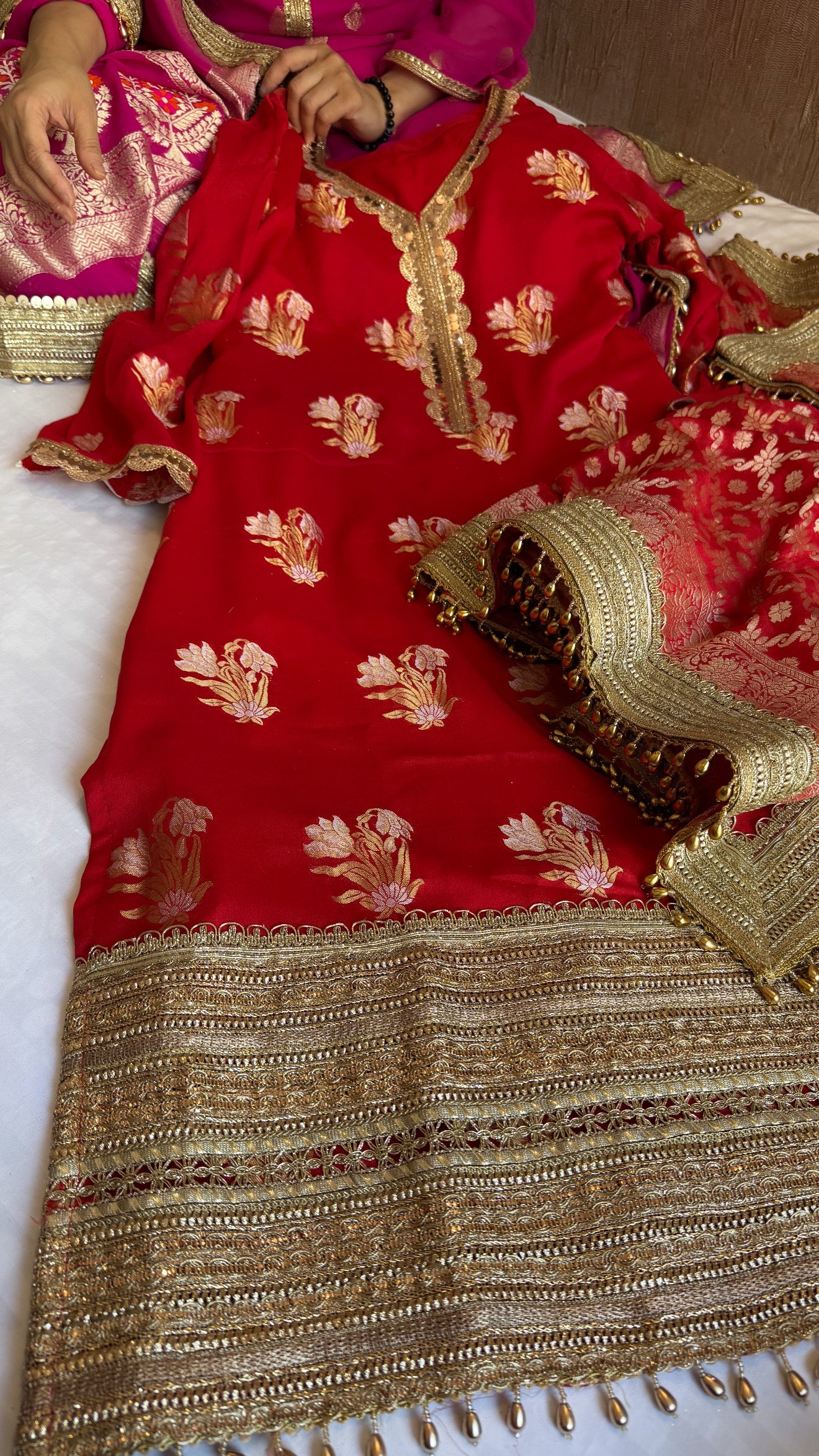 Pakistani drama inspired blood red banarasi gorgette semi-stitched kadhwa gotapatti suit set