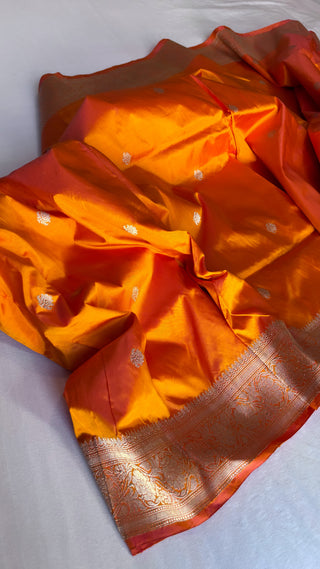 Banarasi deep fanta orange katan kadhwa silk suit set