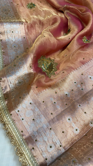 Cocktail wali saree - Peachy pink tissue silk heavy hand embroidered saree