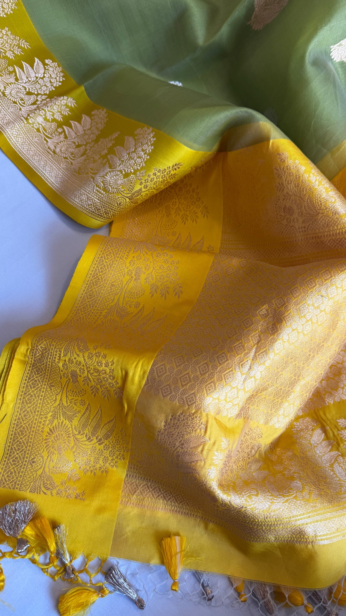 Parrot green-yellow kora silk banarasi border kadhwa saree