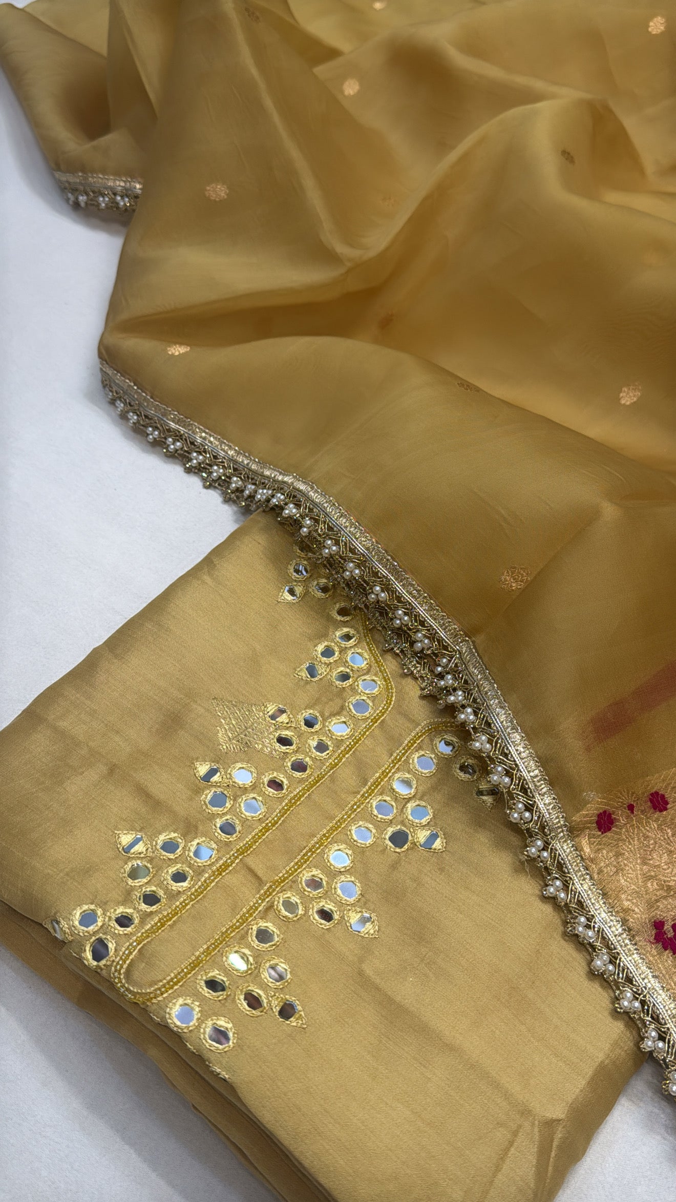Olive gold chiniya silk kadhwa kurta paired with kora silk duppata set