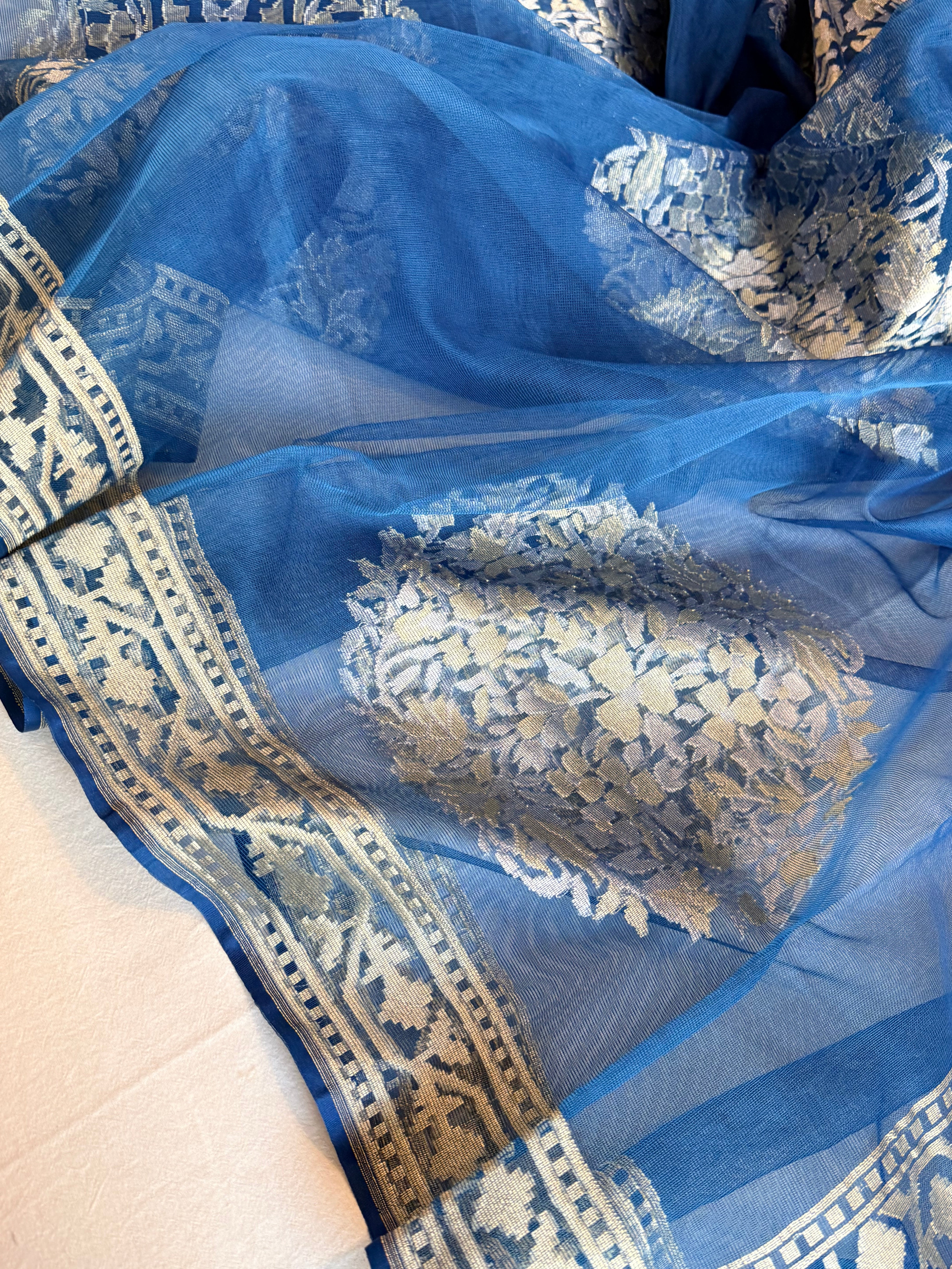Banarasi silk net edit - Peacock blue banarasi net sona rupa jamdani saree