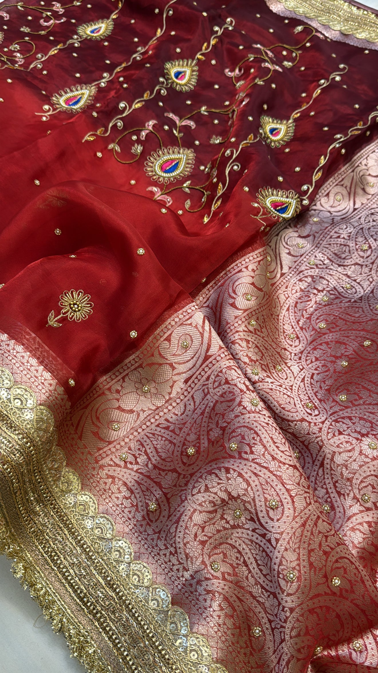 Blood red ombre shaded zardozi work tissue silk hand embroidered saree