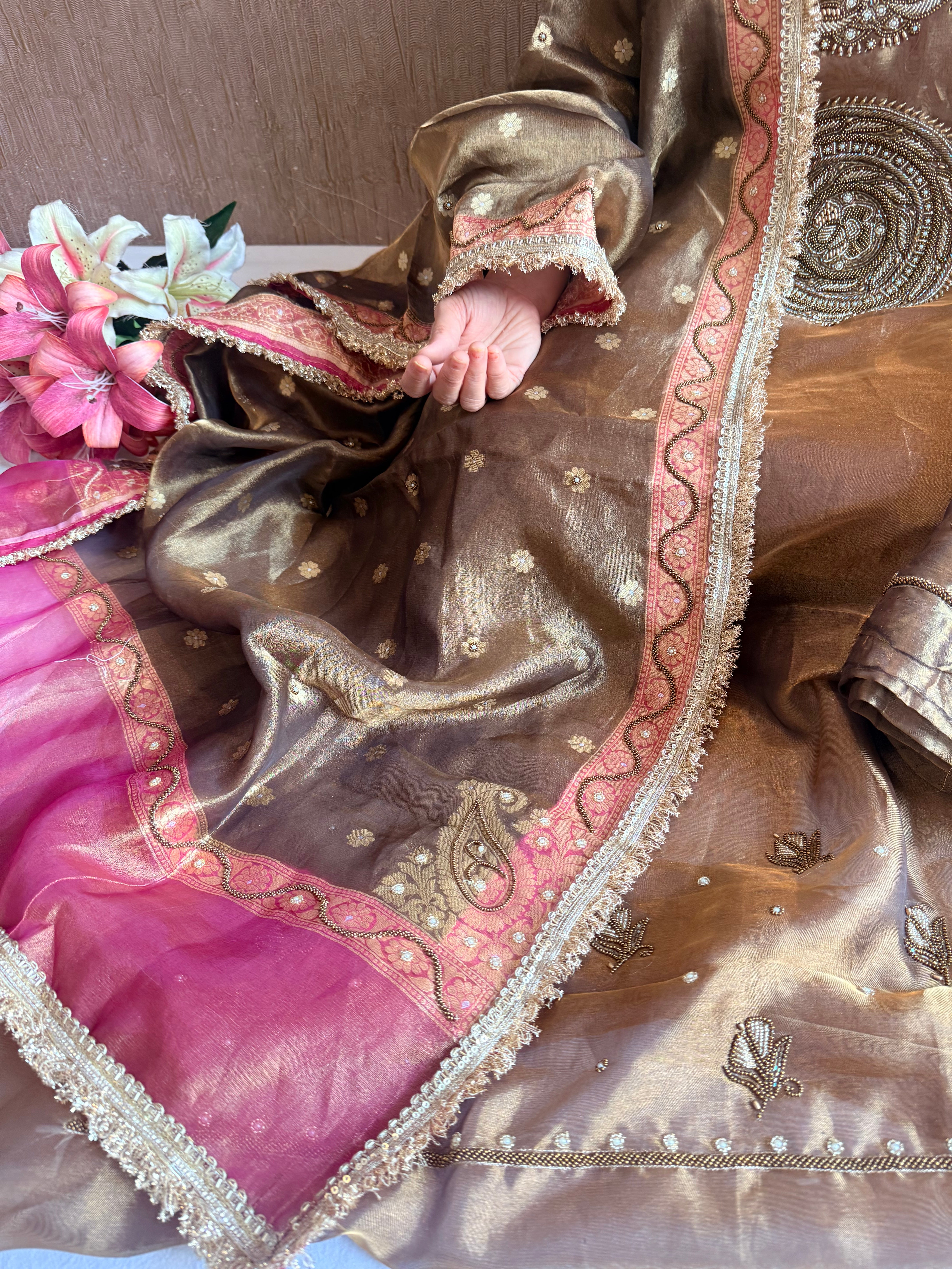 Jahnvi kapoor inspired mandala design molten brown tissue silk suit set